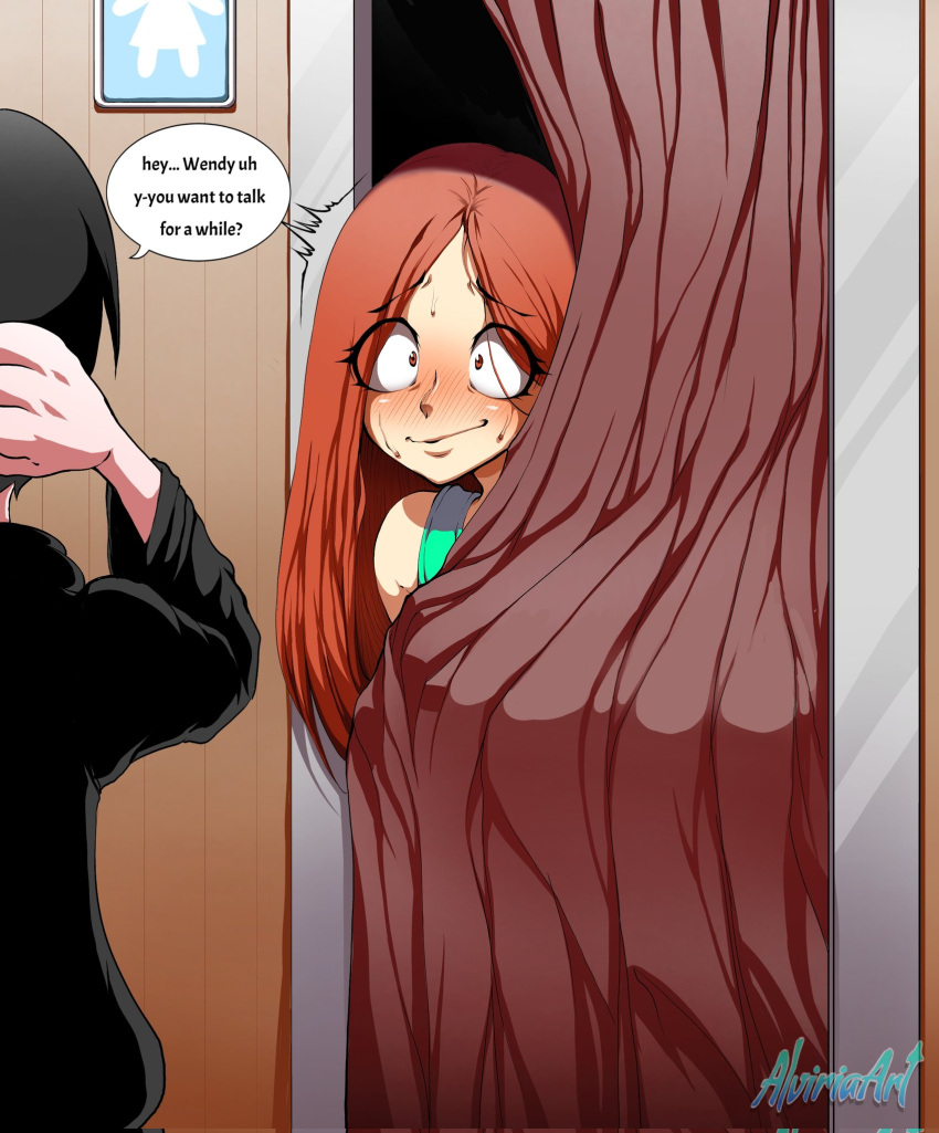 alviriaart, big ass, black hair, caught in the act, cheating, cheating girlfriend, deserved, dipper pines, disney, embarrassed, embarrassed expression, embarrassed female, english text, gravity falls, netorare, ntr, red hair, robbie valentino, sexy female, stealth sex, very long hair, wendy corduroy