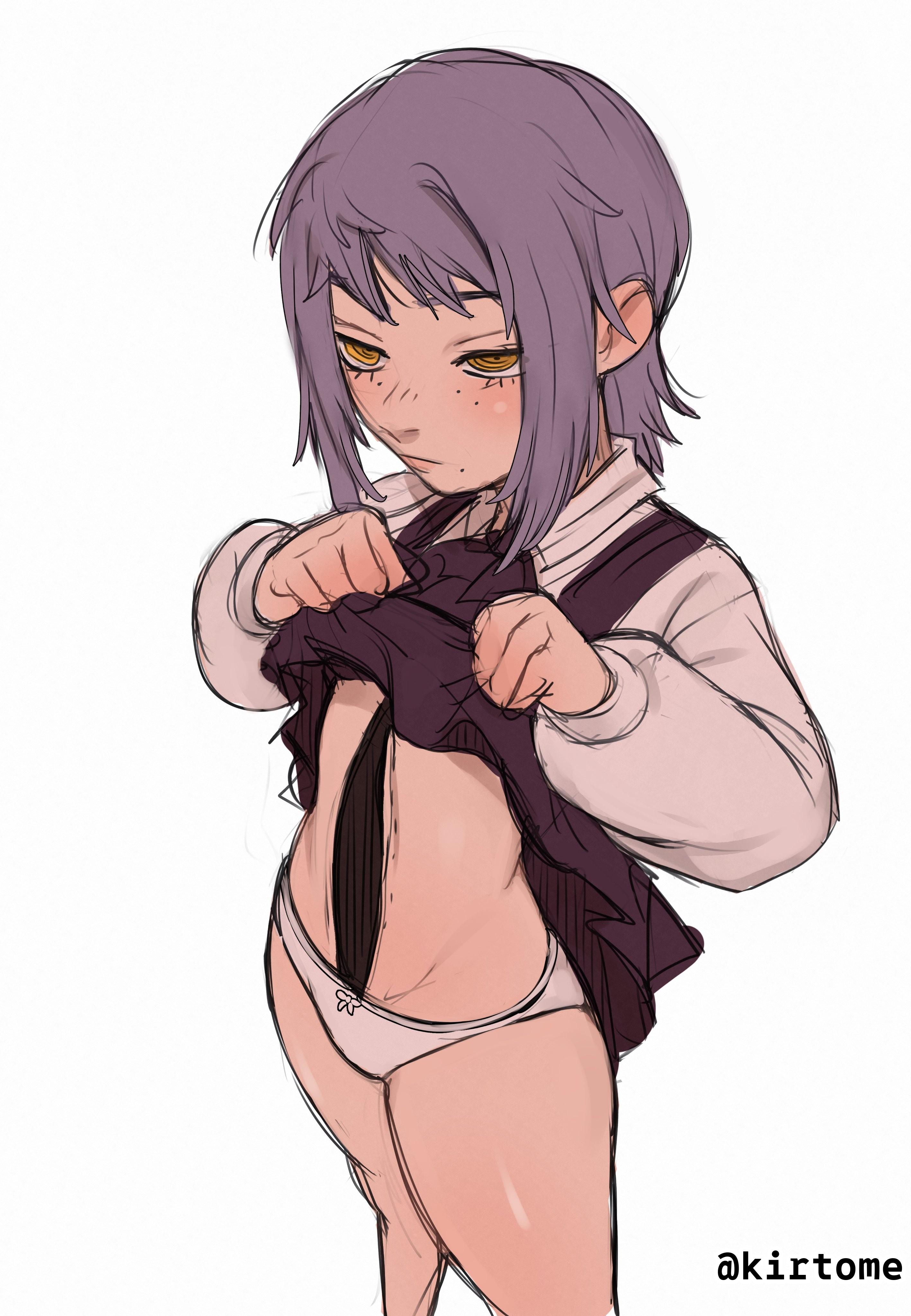 1girls, 2d, 2d (artwork), 2d artwork, anime, anime character, background, blank background, chainsaw man, death devil (chainsaw man), digital, digital art, digital drawing, digital drawing (artwork), digital media, digital media (artwork), drawing, exposing, exposing pussy, exposing self, fanart, female, female focus, female only, fingers, fourth east high school uniform, groin, kirtome, lean figure, mappa, medium hair, mole, mole on body, mole on cheek, mole on face, mole under each eye, mole under eye, mole under eyes, mole under mouth, monotone background, narrow waist, one color background, panties, pink eyes, pink-eyed female, plain background, portrait, presenting pussy, presenting vagina, purple hair, purple-haired female, revealing pussy, ribbon panties, ring eyes, ringed eyes, shonen jump, showing pussy, showing vagina, shueisha, skirt, skirt aside, skirt lift, skirt pull, skirt up, slender body, slender waist, slim female, slim waist, solid color background, solo, standing, thick thighs, thighs, underwear, unsettling, weekly shonen jump, white background, white panties, white underwear