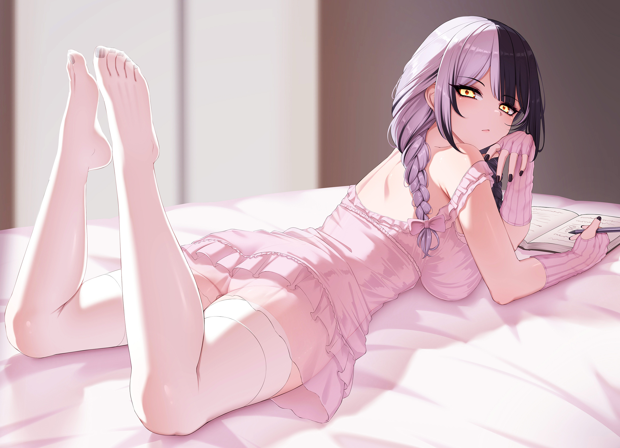 1girls, arms, ass, ass peek, bare shoulders, black hair, black nails, black toenails, braided hair, breasts, butt, calves, dress, eyelashes, feet, feet in stockings, feet up, female, female only, fingerless gloves, frown, head on hand, highres, holding pen, hololive, hololive english, hololive english -advent-, hui yu, large breasts, legwear, light skin, light-skinned female, looking at viewer, looking back, looking back at viewer, lying, lying on bed, lying on stomach, medium hair, multicolored hair, narrowed eyes, pink dress, pink gloves, pout, see-through legwear, see-through stockings, shiori novella, shoulder blades, solo, stockings, thighs, toenail polish, virtual youtuber, white hair, white legwear, white stockings, writing, yellow eyes