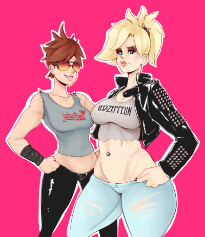 2girls, activision, aviator sunglasses, big breasts, blizzard entertainment, blonde hair, blue eyes, breasts, brown hair, clothed, clothing, curvy, duo, female, female only, goth, leather jacket, leather pants, makeup, mercy, navel, navel piercing, orange-tinted eyewear, overwatch, petite, pierced ears, piercing, piercings, pink background, simple background, spiked bracelet, sunglasses, sunnysundown, thick thighs, tied hair, tinted eyewear, torn clothing, tracer