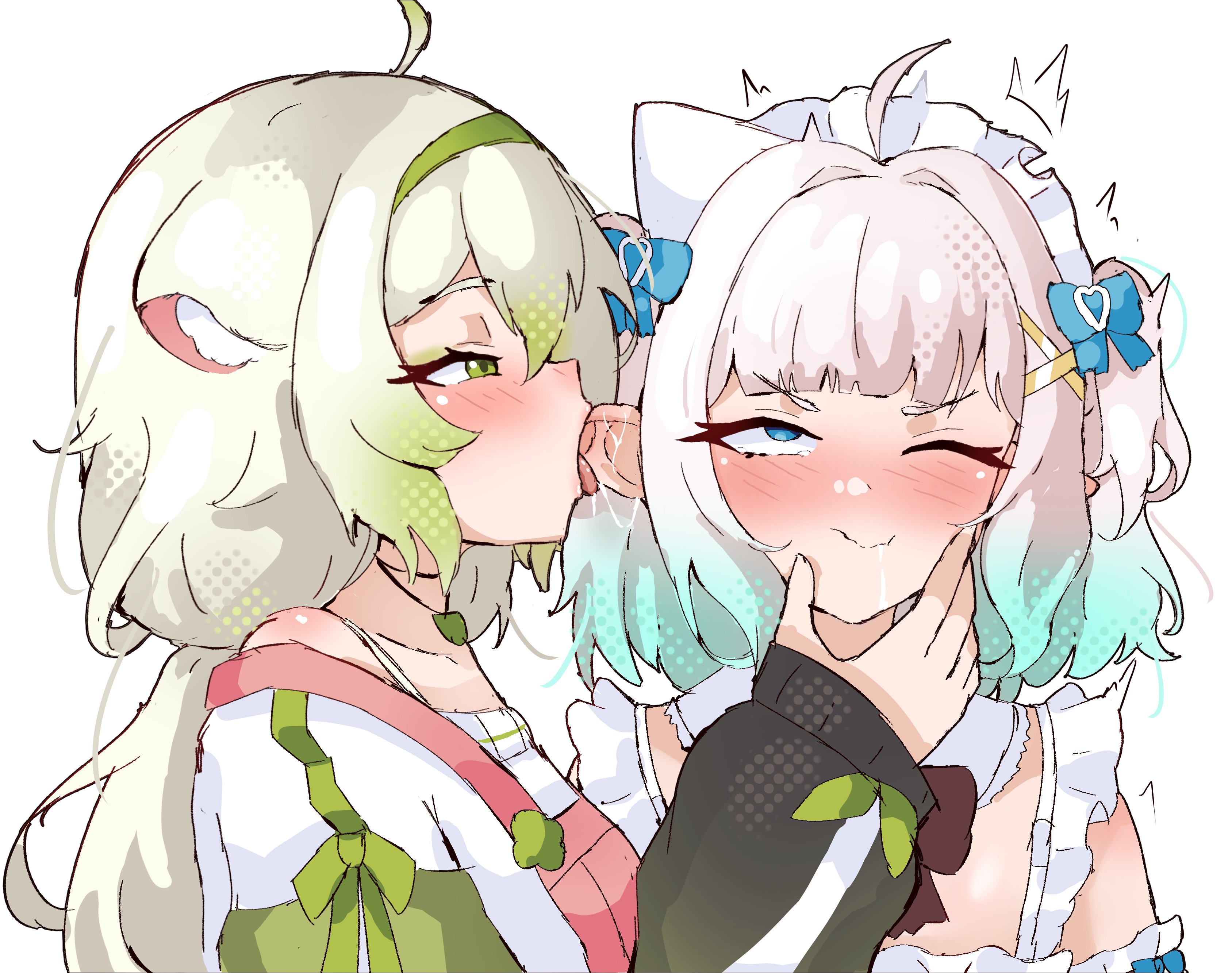 2girls, absurd res, ahoge, animal ears, aroused, blue eyes, blush, closed mouth, commentary, ddrawins, deepthroat, densetsu.exe, drooling, ear fetish, ear licking, ear sucking, ear tuft, english commentary, female, ferret ears, ferret girl, green eyes, green hair, hi res, horny, indie virtual youtuber, laimu, laimu (2nd costume), laimu (comfy overalls), laimu (comfy sweater), lesbian, licking, licking ear, long sleeves, maid headdress, mint fantome, multiple girls, one eye closed, open clothes, oral, pointy ears, roller skates, rolling eyes, simple background, skates, sloppy, sloppy deepthroat, sucking ear, tongue, tongue out, virtual youtuber, vtuber, white background, yuri