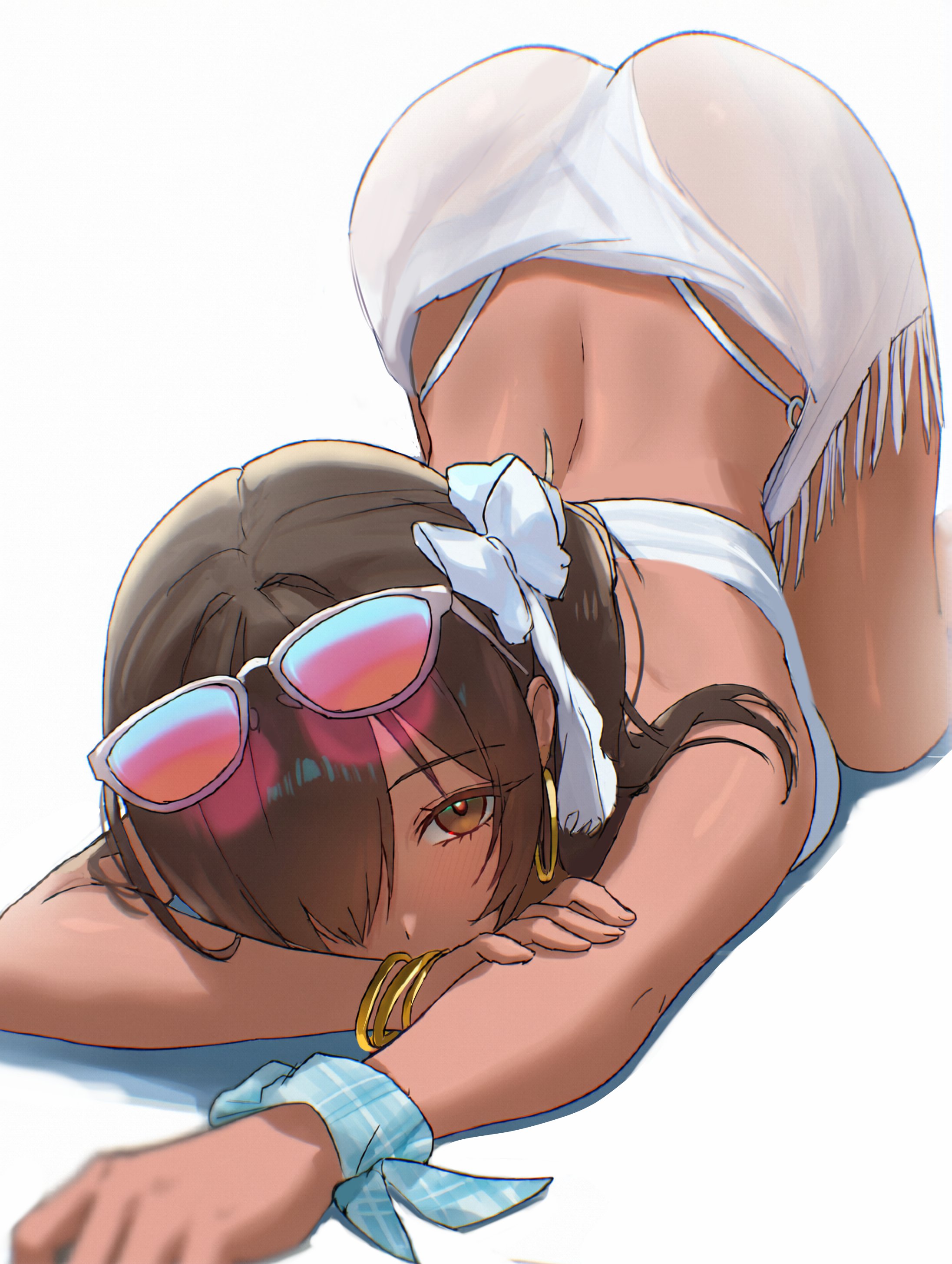 1girls, ass, ass up, back, big ass, bikini, blush, blushing, blushing at viewer, bracelet, breasts, brown eyes, brown hair, dark skin, dark-skinned female, earrings, eyewear on head, female, female only, goddess of victory: nikke, gyaru, hair ornament, hi res, hips, hoop earrings, long hair, looking at viewer, median furrow, mostly clothed, naga (nikke), see-through clothing, see-through skirt, side ponytail, sunglasses, swimsuit, tagme, thick thighs, thighs, tight clothing, white background, white bikini, yassaimono