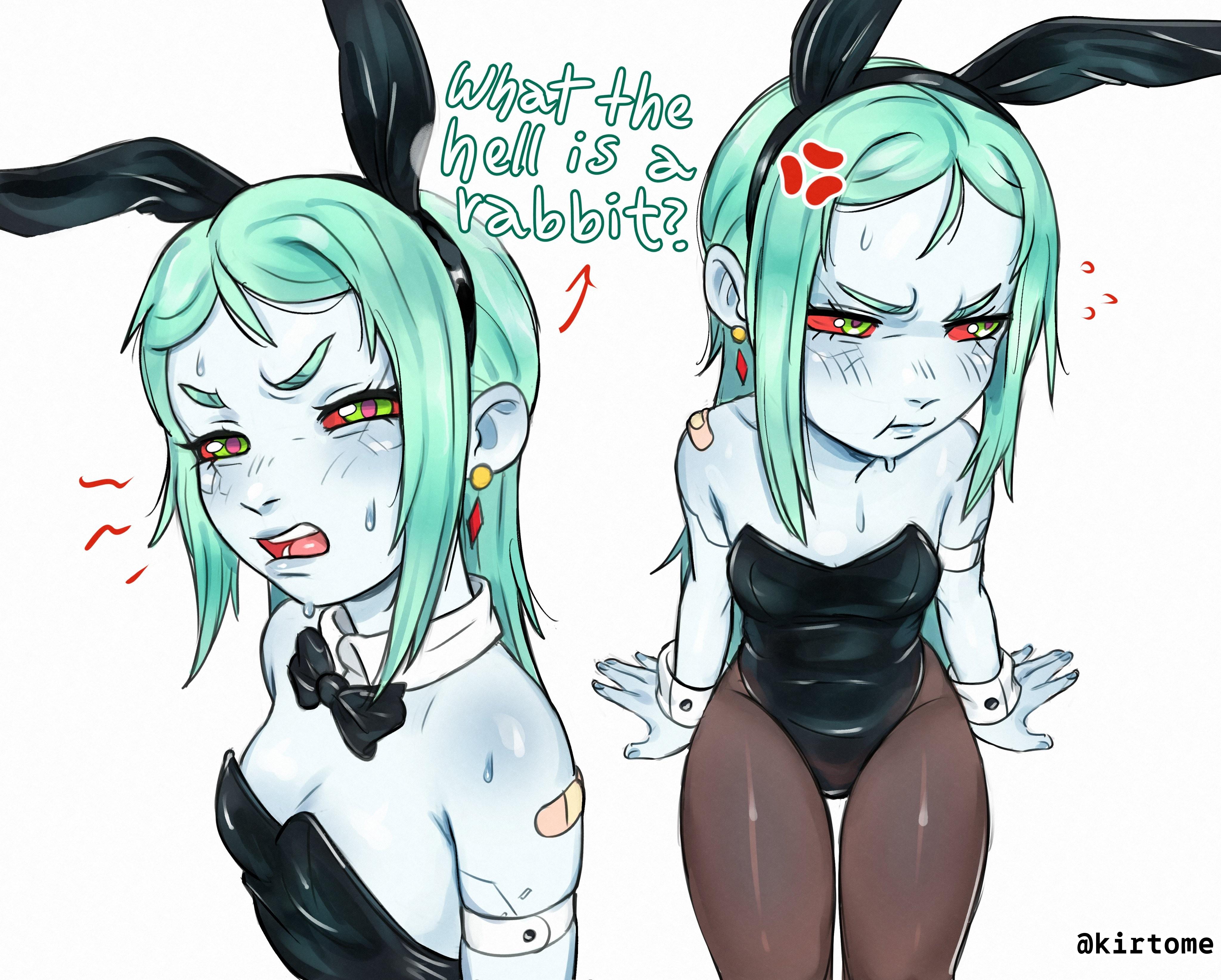 1girls, 2d, 2d (artwork), 2d artwork, alternate version at source, alternate version available, angry, angry expression, angry eyebrows, angry face, arm support, armband, background, black bowtie, black bunny ears, black bunnysuit, black hairband, black leotard, black topwear, blank background, blue skin, blue skinned female, blue-skinned female, blush face, blush lines, blushing, blushing female, blushing lines, bowtie, breasts, brown legwear, brown pantyhose, brown stockings, brown tights, bunny costume, bunny ears, bunnygirl, bunnygirl outfit, bunnysuit, collar, curvaceous, curvaceous body, curvaceous female, curvaceous figure, curvaceous hips, curvaceous thighs, curvy, curvy body, curvy female, curvy figure, curvy hips, curvy thighs, cyberpunk: edgerunners, digital, digital art, digital drawing, digital drawing (artwork), digital media, digital media (artwork), drawing, ear piercing, earrings, female, female focus, female only, fingers, flushed, flushed face, from above, from side, frown, frown eyebrows, frowning, green eyes, green hair, green-eyed female, green-haired female, groin, half-closed eyes, head tilt, high-angle shot, inguinal crease, inguinal ligament, kirtome, lean figure, legwear, leotard, long hair, looking up, looking up at viewer, monotone background, more at source, multiple views, narrow waist, one color background, open mouth, pantyhose, parted bangs, parted lips, petite, petite body, petite breasts, petite female, petite girl, petite tits, pierced ear, plain background, portrait, rebecca (edgerunners), scowl, shoulders, side view, sitting, skindentation, slender body, slender waist, slim female, slim waist, small boobs, small breasts, small tits, solid color background, solo, thick thighs, thigh gap, thighs, three-quarter view, tights, tilted head, tiny breasts, tiny tits, tongue, top view, topwear, turquoise hair, turquoise-haired female, upper body, upper teeth, viewed from above, white background, white collar, white wrist cuffs, wide hips, wrist cuffs