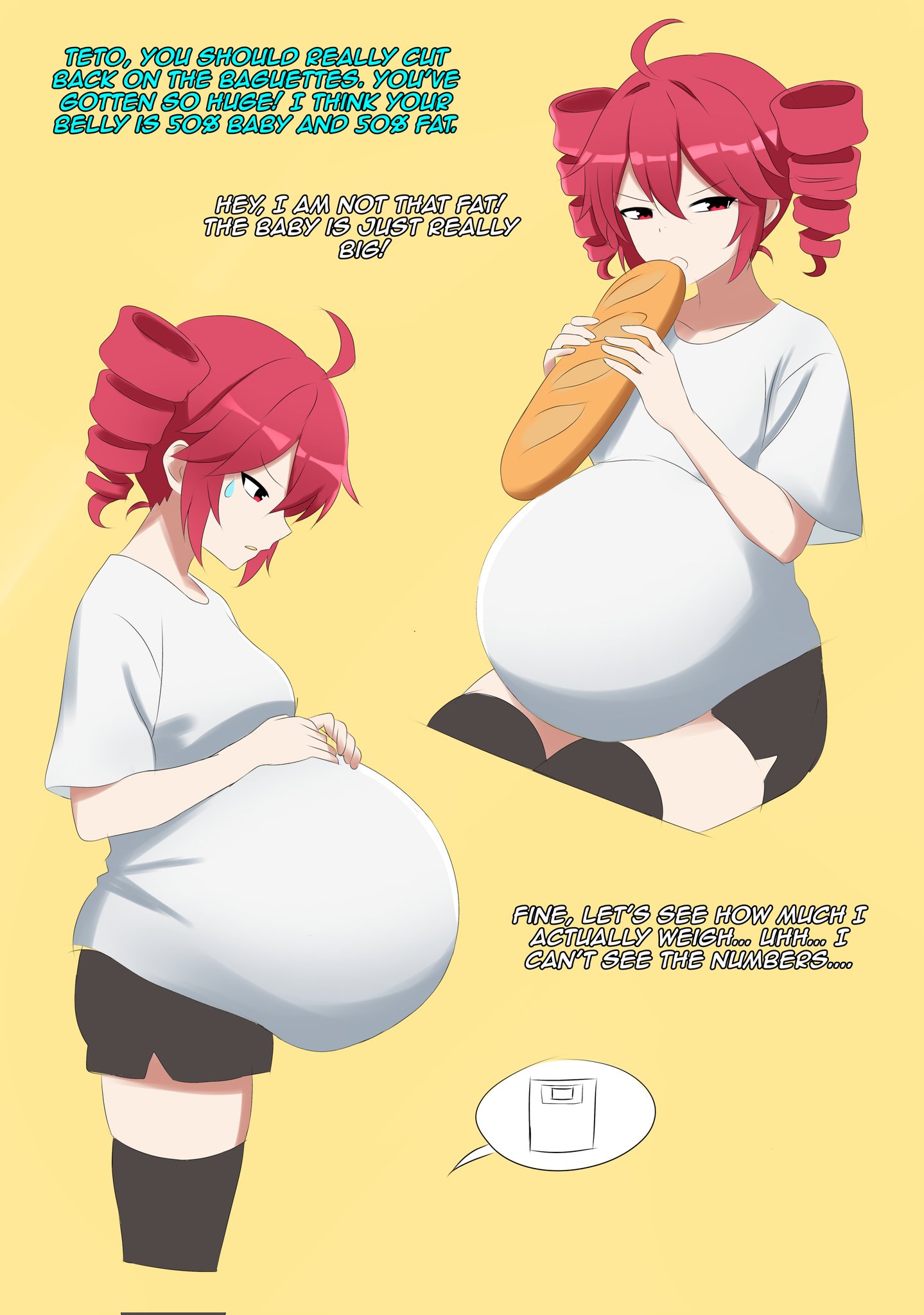 bread, clothed, hands on belly, kasane teto, looking at viewer, pregnant, pregnant belly, pregnant female, red hair, sarawa kotoku, small breasts, sweatdrop, text, thick thighs, utau, weight gain