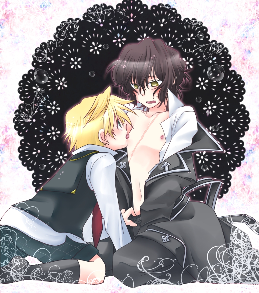 2boys black_hair blonde_hair blush embarrassed femboy gay gilbert_nightray girly hanamaru_(pixiv) licking looking_at_another nipple_licking open_shirt oz_vessalius pandora_hearts scar sitting sweatdrop tagme yaoi yellow_eyes