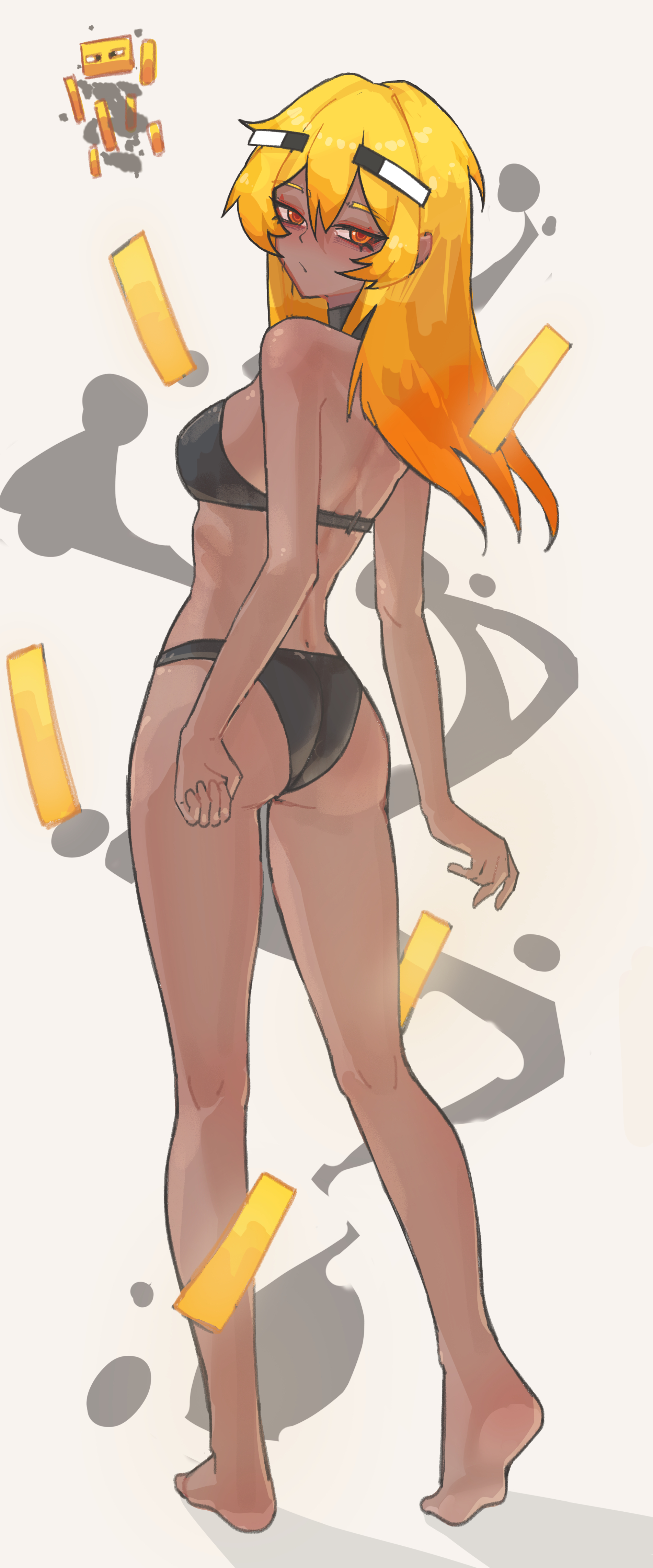 1girls, amber (hupo499179561), ass, bikini, blaze (minecraft), blonde, blonde female, blonde hair, blonde-haired female, butt, female, hair between eyes, minecraft, mob talker, monster girl, simple background, thighs, white background, woman
