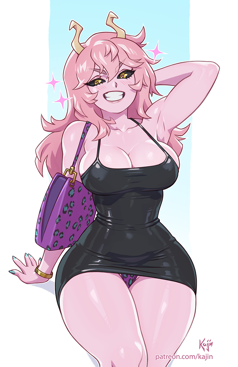 1girls, big breasts, black clothing, black dress, cleavage, dress, female, female only, horns, kajinman, large breasts, long hair, mina ashido, mina ashido time-skip, my hero academia, my hero academia (finale), nail polish, painted fingernails, painted nails, panties, panty peek, pantyshot, pantyshot (sitting), pink hair, pink skin, post-timeskip, purse, sharp fingernails, shiny clothes, slim waist, solo, thick thighs, tight clothing, wide hips, yellow eyes