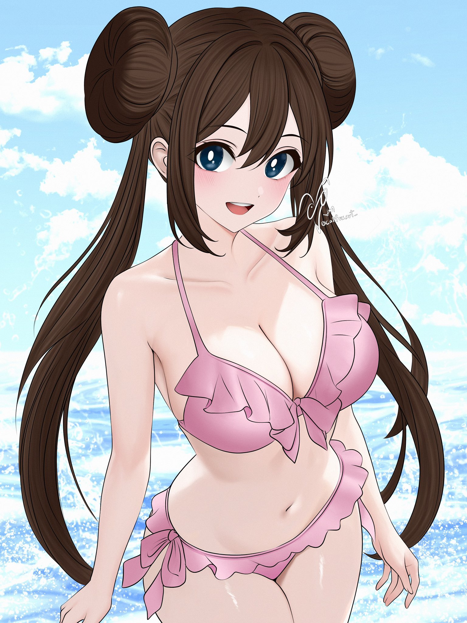 1girl, bikini, blue sky, blush, breasts, cleavage, cloud, donut hair bun, double bun, frilled bikini, frills, front-tie bikini top, front-tie top, hair between eyes, hair bun, highres, navel, ocean, open mouth, outdoors, pink bikini, pokemon, rosa (pokemon), signature, sky, smile, solo, stomach, swimsuit, thighs, twintails
