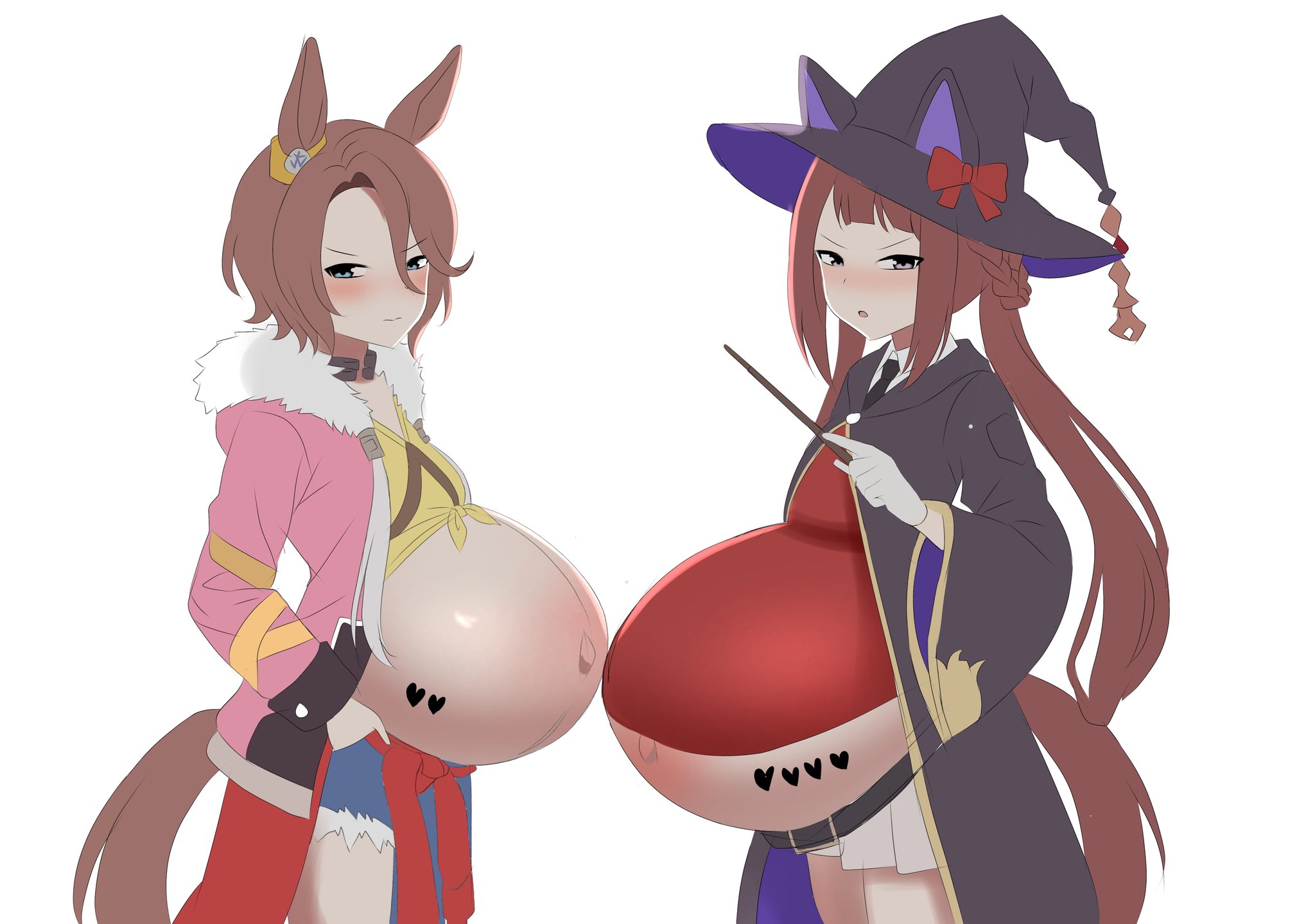 2girls, big belly, blush, blushing, brown hair, cygames, flat chest, heart symbol, horse ears, horse girl, horse tail, looking at viewer, multiple pregnancies, narita taishin (umamusume), pregnancy tally, pregnant, pregnant belly, pregnant female, sarawa kotoku, small breasts, sweep tosho (umamusume), tally marks, umamusume, umamusume pretty derby