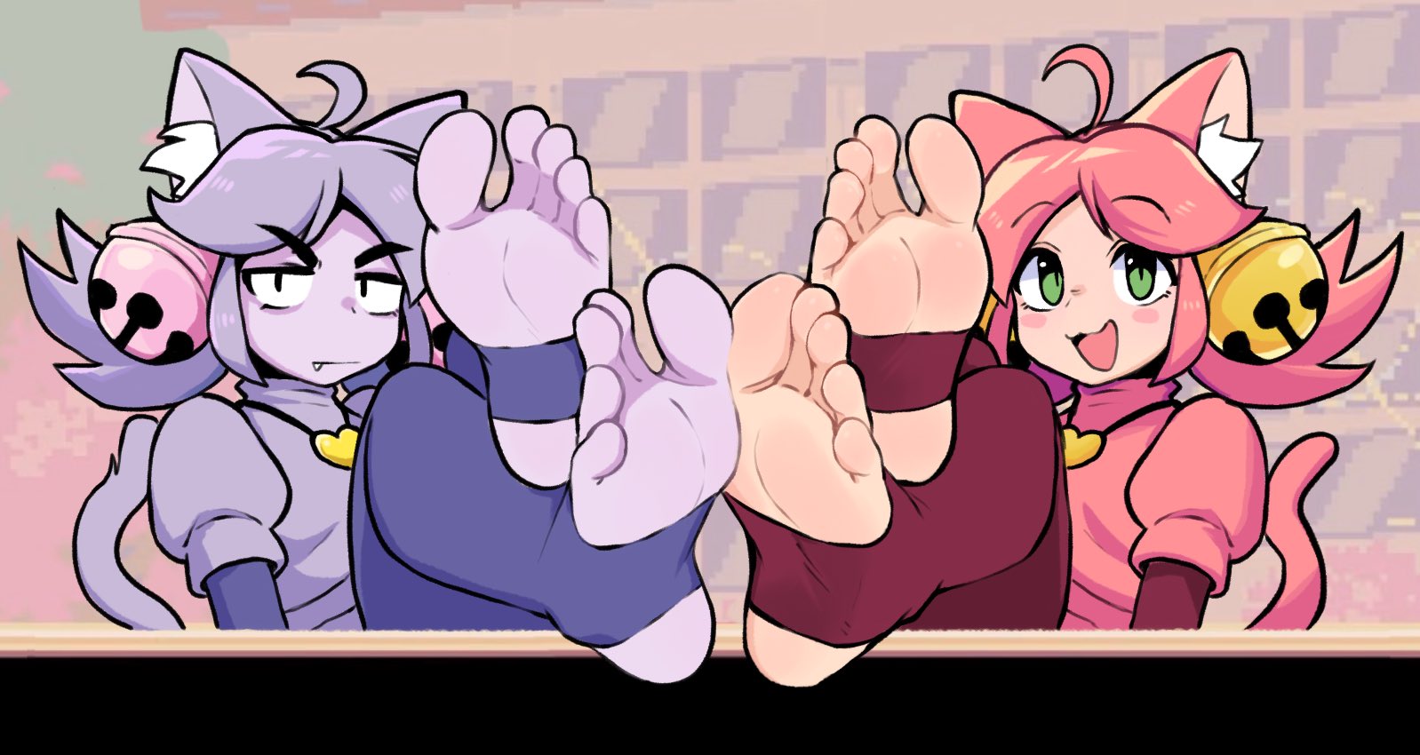 2girls, cat ears, cat girl, cat humanoid, cat tail, catgirl, deltarune, deltarune chapter 5, feet, feet together, female, female focus, foot fetish, foot focus, irritable ghost (deltarune), mad mew mew, multiple girls, pink (deltarune), soft hanten, stirrup leggings, stirrup legwear, stirrup stockings, stirrups