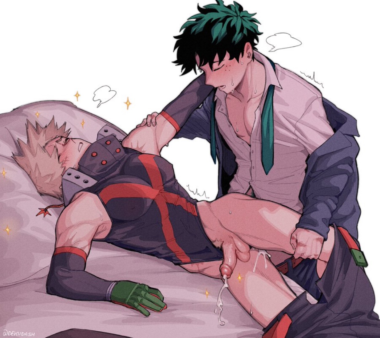 2026, 2boys, anal, anal creampie, anal penetration, anal sex, bakugou katsuki, blonde hair, blonde pubic hair, boku no hero academia, closed eyes, collared shirt, cum, cum in ass, deku, dekudash, ejaculation, gay, gay male, gay sex, gloves, green hair, holding partner, izuku midoriya, katsuki bakugou, male, male only, male penetrated, male penetrating, male penetrating male, male/male, midoriya izuku, mostly clothed, mouthguard, muscular male, my hero academia, no pants, on back, on bed, panting, penis, small penis, standing, sweat, sweatdrop, sweating, tank top, tie, yaoi