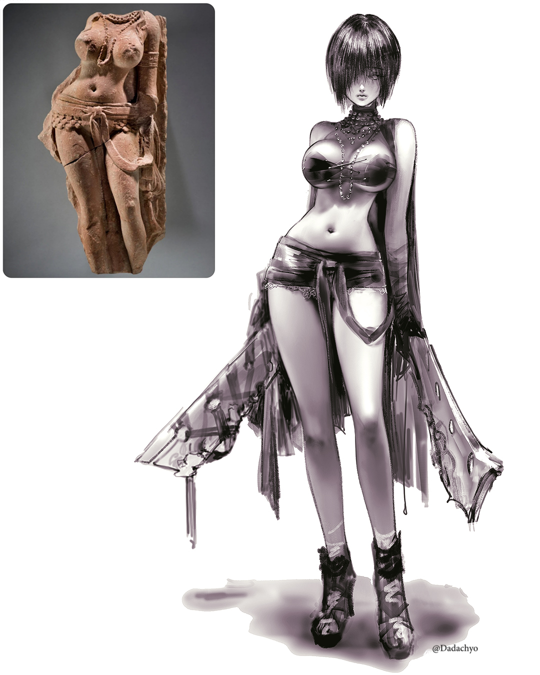 attack on titan, big breasts, fine art parody, goth mikasa, hourglass figure, jewelry, mikasa ackerman, reference image, reference inset, scarf, short hair, swords, tagme, yakshi figure sculpture