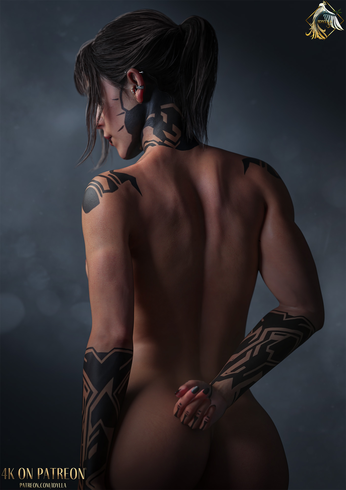3d, ass, black hair, bubble butt, busty, call of duty, emma kagan, female, female focus, hourglass figure, idylla, nude, nude female, nudity, tagme, tattoo, wide hips