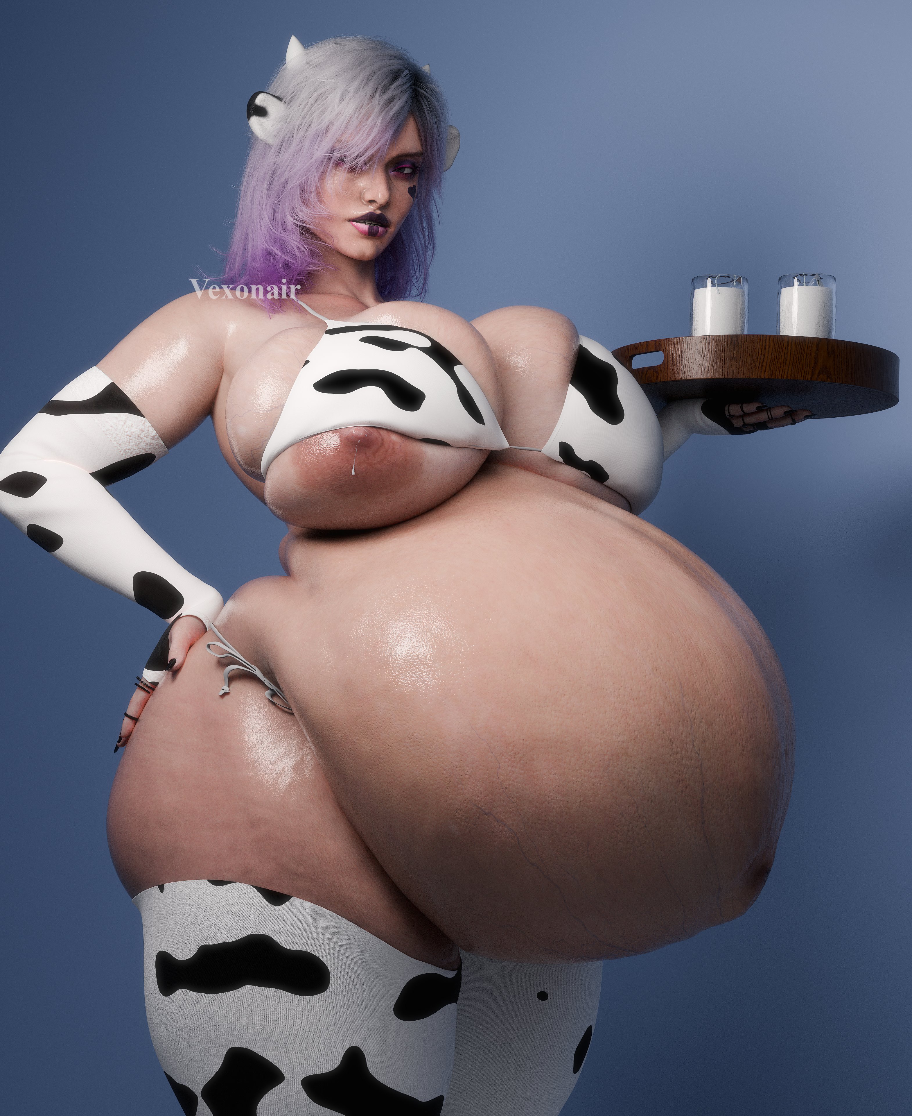 1girls, 2026, 3d, areolae, big breasts, breasts, cow print, dbd, dead by daylight, female, female only, huge belly, hyper pregnancy, lactating, large breasts, light skin, light-skinned female, looking at viewer, milk, naked, naked female, nipple slip, nipples, nude, pregnancy, pregnant, pregnant belly, pregnant female, purple hair, sable ward, tits, vexonair, white hair
