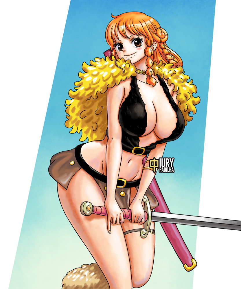 1girls, belly button, belt, belt buckle, big breasts, black belt, black topwear, blush, blush stickers, blushing, blushing female, boots, braid, braided hair, braided twintails, breasts, brown boots, brown eyes, brown skirt, brown-eyed female, cape, cleavage, clothing, collarbone, eyebrows, eyelashes, female, female only, fit, fit female, fur boots, glossy lips, gold necklace, iury padilha, large breasts, leg belt, long hair, long-haired female, miniskirt, nami (one piece), nami (one piece) (elbaf), necklace, one piece, one piece: elbaf arc, orange hair, orange-haired female, posing, posing for the viewer, revealing clothes, seductive, seductive eyes, seductive look, seductive mouth, seductive pose, seductive smile, short skirt, skimpy clothes, skirt, smile, smiling at viewer, sword, sword in hand, topwear, v, viking, voluptuous, voluptuous female, watermark, wielding weapon, yellow cape