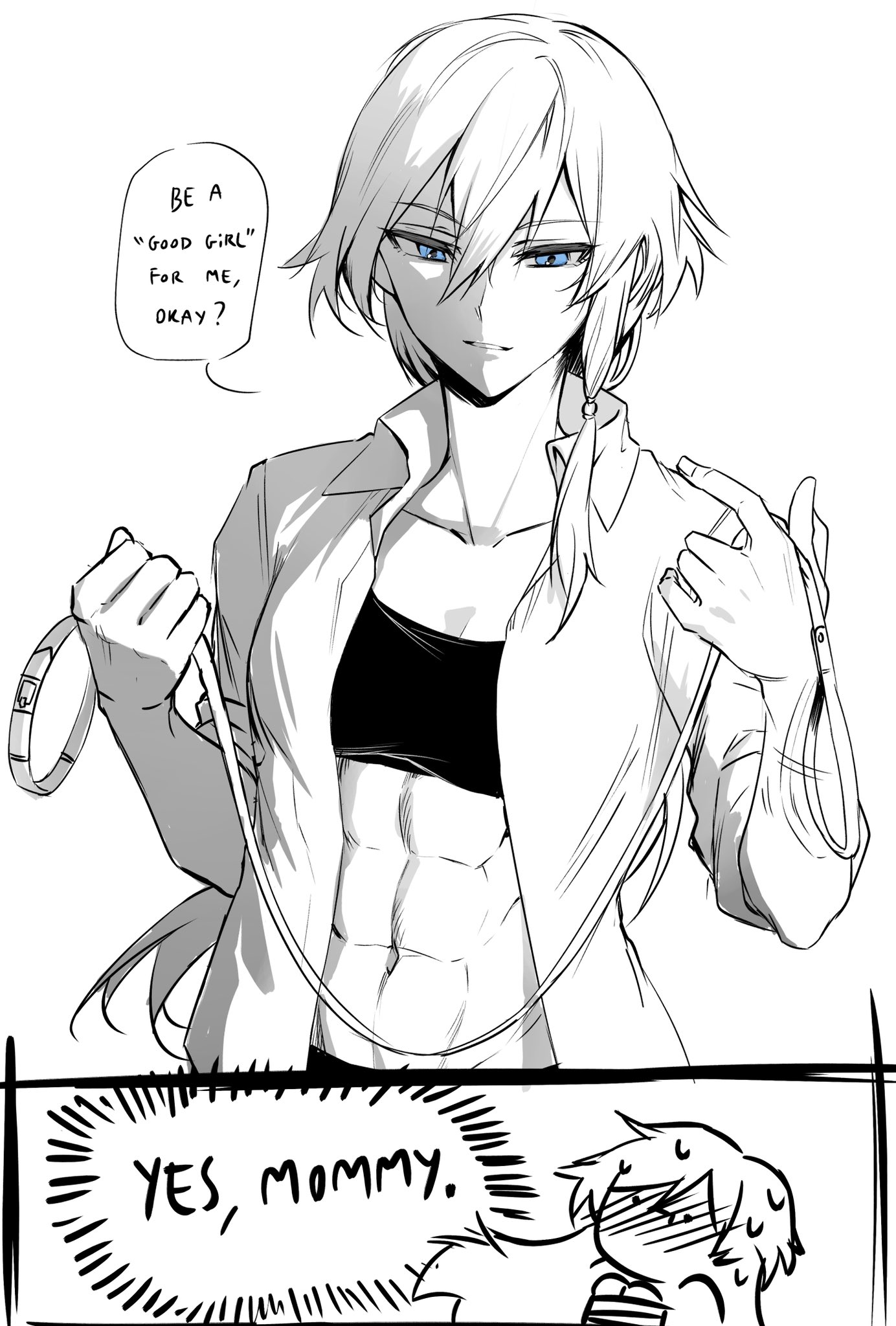 abs, athletic female, bed, bedroom, blue eyes, blush, blushing, bra, cleavage, collar, dominant female, female, female focus, female only, fu hua, fu hua (herrscher of sentience), honkai (series), honkai impact 3rd, imminent sex, kazuya (kozun), leash, leash and collar, leash pull, long hair, long hair female, muscular, muscular female, short hair, submissive female, suggestive, tied up, unbuttoned, unbuttoned shirt, yuri