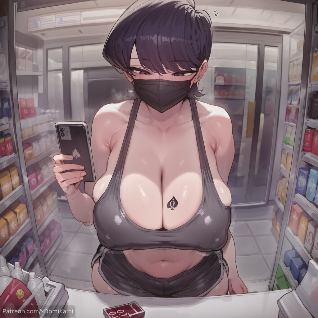 1boy, 1girl, 2026, 2d, absurd res, absurd resolution, absurdres, ai generated, bare shoulders, black eyes, black hair, black shorts, blush, breasts, cellphone, cleavage, collarbone, condom box, convenience store, covered mouth, covered nipples, hi res, high quality, high resolution, highres, holding, holding phone, huge breasts, image, indoors, komi shuuko, komi-san wa komyushou desu, large breasts, mask, milf, mouth mask, navel, netorare, ntr, patreon, patreon username, phone, purple eyes, qos, shop, short hair, short shorts, shorts, smartphone, solo, sports bra, tattoo, tile floor, tiles, uncensured, watermark, xdomikami