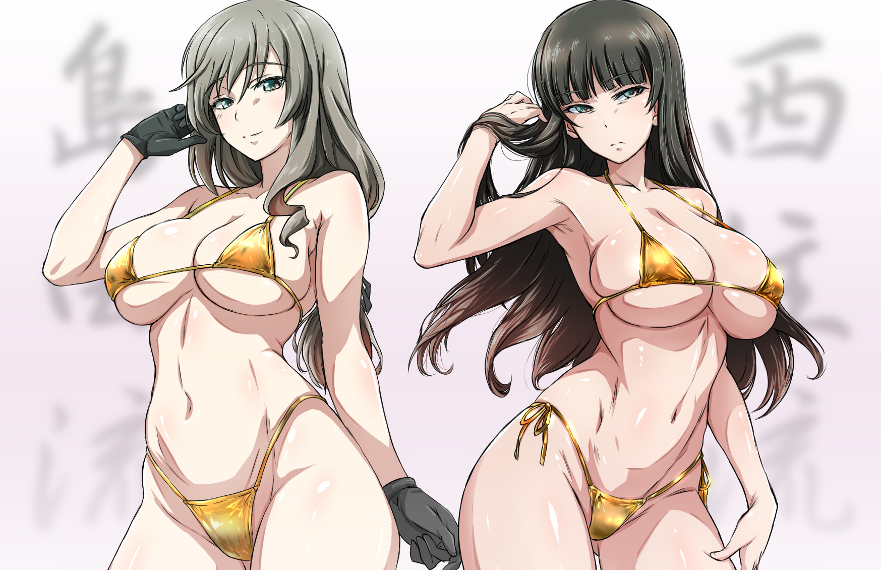 2girls, bikini, bitch, female, female only, girls und panzer, gloves, golden bikini, hooker mom, huge breasts, kabutowari, large breasts, long hair, milf, nishizumi shiho, prostitute, prostitution, shimada chiyo, sluts, slutty female