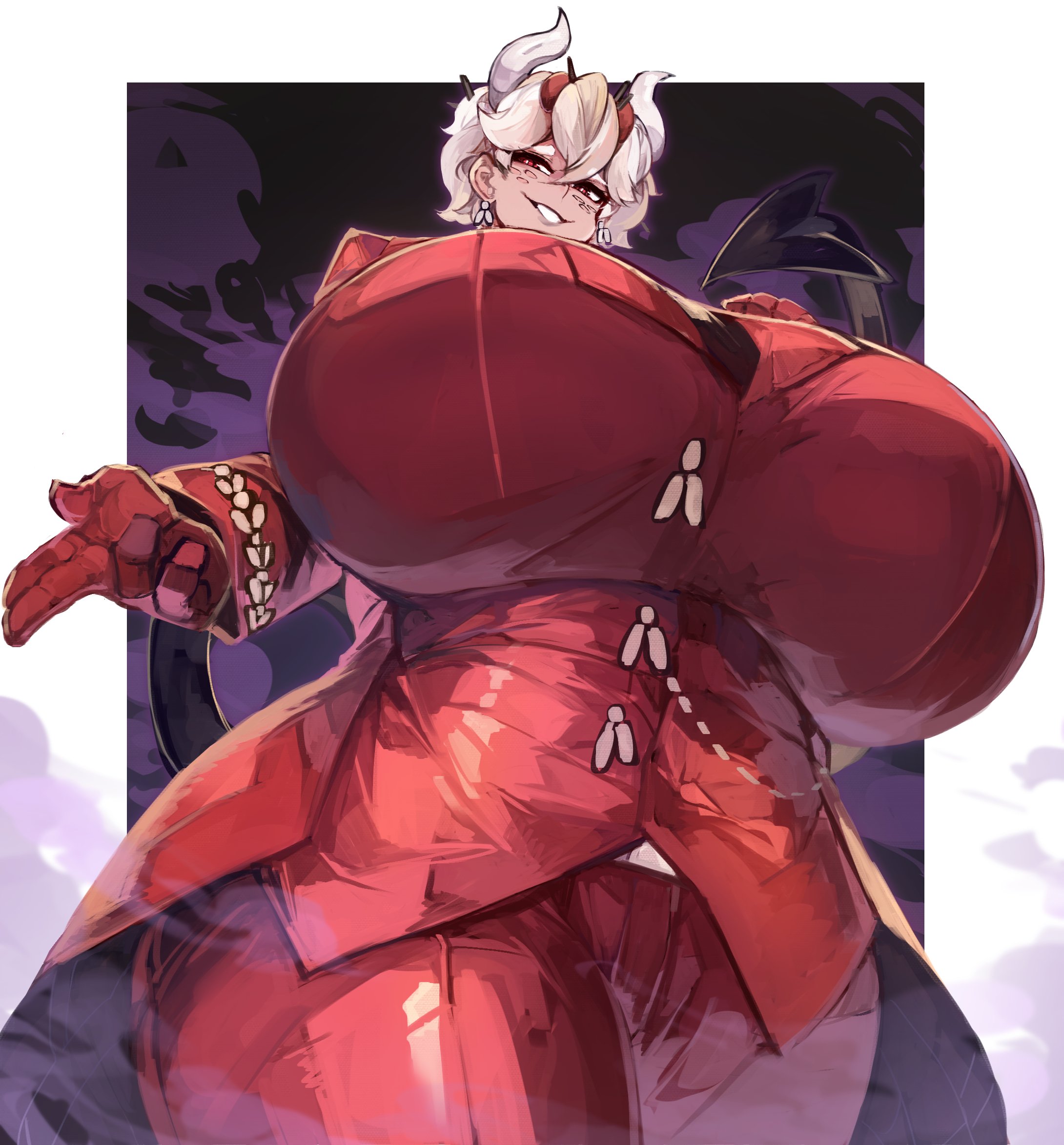 beelzebub (helltaker), big breasts, breasts bigger than head, demon horns, female, female only, gigantic breasts, helltaker, horns, huge breasts, large breasts, looking at viewer, wtgn grim