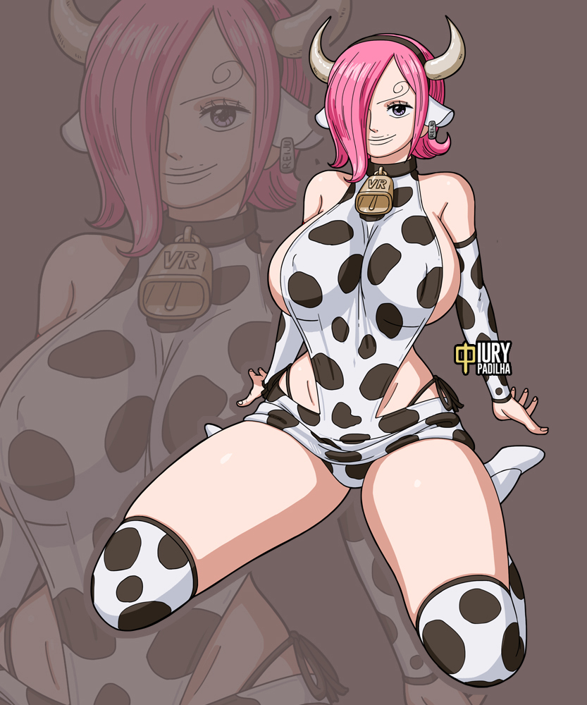 1girls, animal ears, artist name, big breasts, black tattoo, blue eyes, blue-eyed female, breasts, cleavage, collarbone, cow print, cow print armwear, cow print legwear, cow print thighhighs, curly eyebrow, eyebrows, eyelashes, female, female only, fit, fit female, glossy lips, huge breasts, iury padilha, large breasts, looking at viewer, one eye covered, one piece, panties, pink hair, pink-haired female, posing, seductive, seductive eyes, shiny skin, smile, solo, underwear, vinsmoke reiju, voluptuous, voluptuous female, watermark
