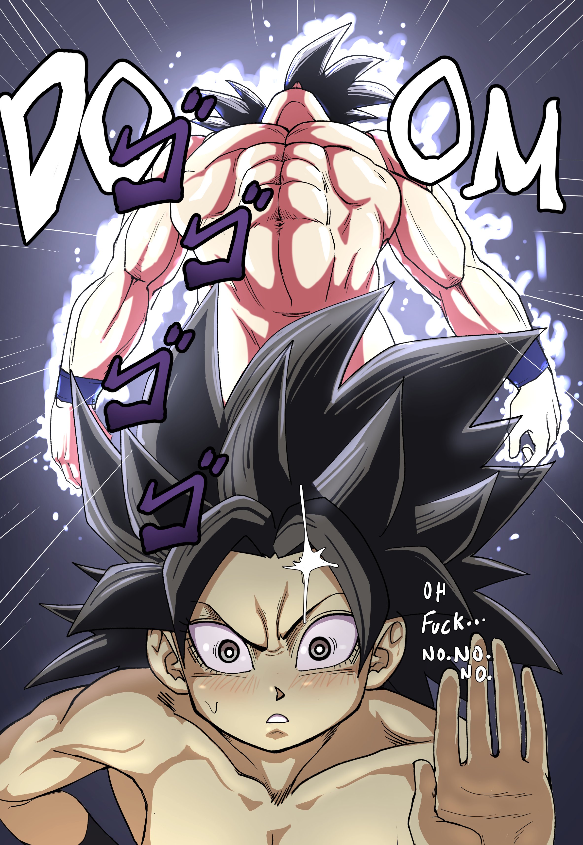 1boy, 1boy1girl, 1girls, caulifla, digital media (artwork), dragon ball, dragon ball super, imminent sex, nude, pseudocel, scared, son goku, tagme, ultra instinct, ultra instinct sign, wide eyed