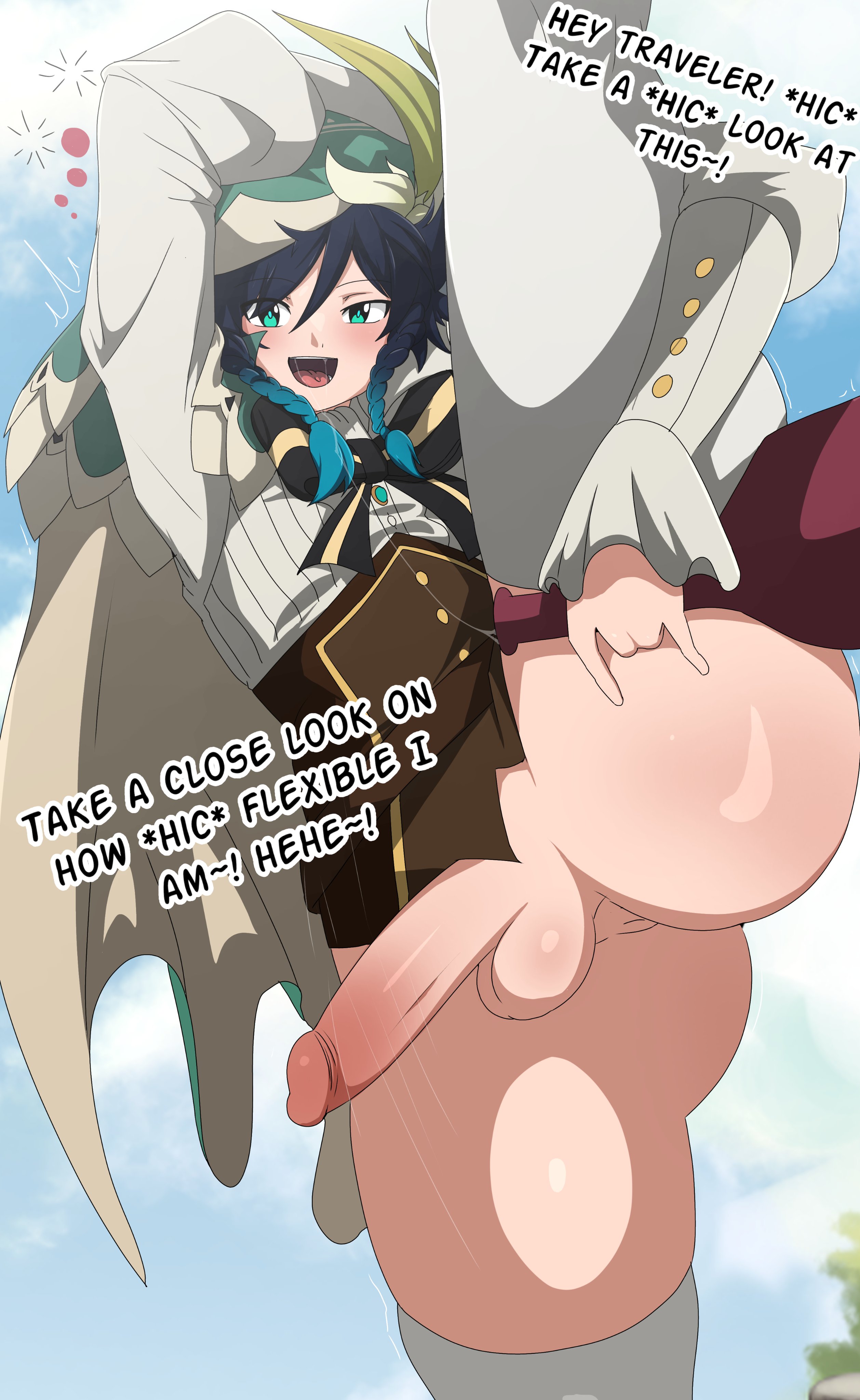 1boy, anus peek, black hair, blush, bottle, bottomless, broach, drunk, exhibitionism, flexing, genshin impact, green eyes, hair, leg up, male, male only, outdoors, penis, public, public nudity, saliva, saliva trail, shirt, stockings, twink, venti (genshin impact), zukafu shimoto