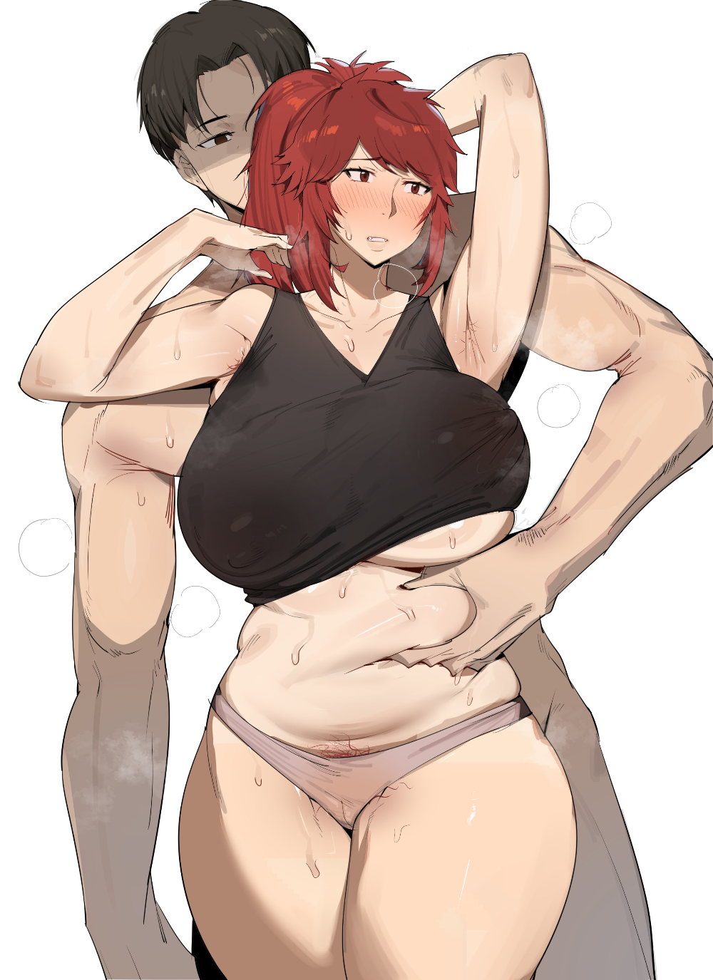 1boy, 1girls, aizawa akemi, belly grab, black hair, bobtheneet, breasts, breasts bigger than head, chub grab, chubby, chubby female, female, huge breasts, kubota junichirou, large breasts, light skin, light-skinned female, male, mature female, milf, nude male, panties, ponytail, pubic hair, red hair, thick thighs, thighs, tomo-chan wa onna no ko, wide hips