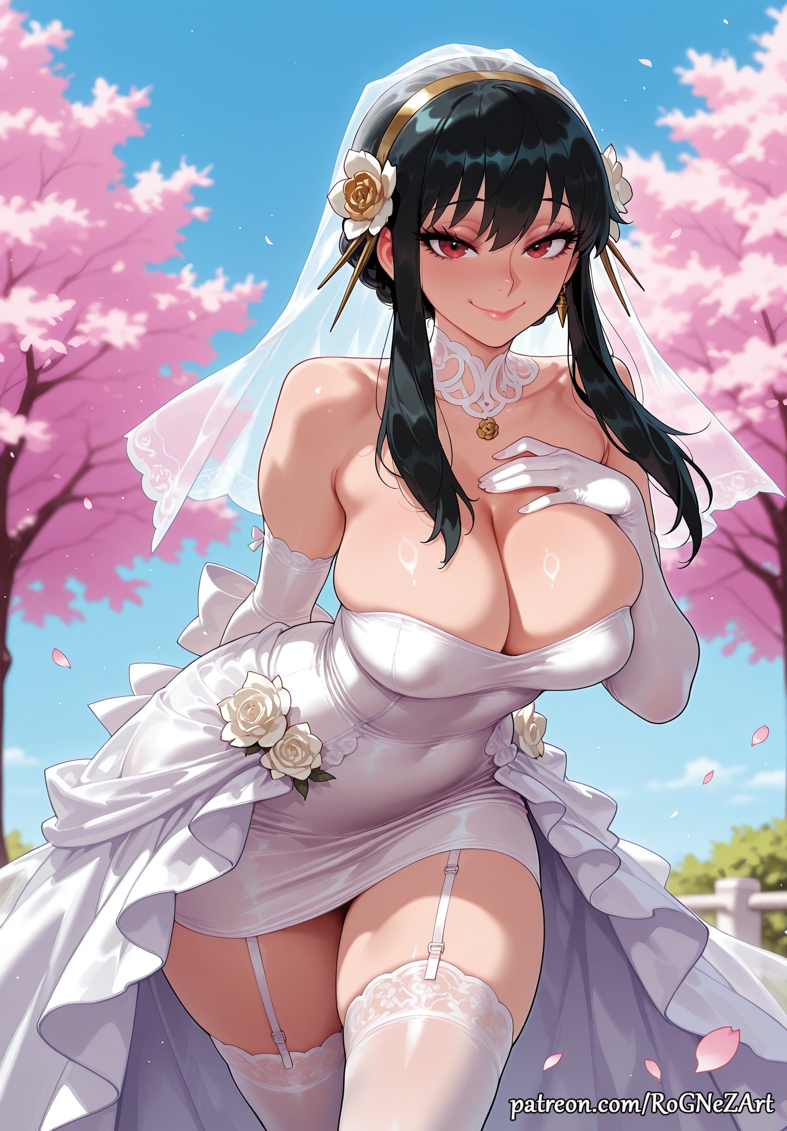 1girl, 2026, ai generated, anime, arm behind back, bangs, bare shoulders, black hair, blue sky, blush, boobs, breasts, bridal veil, bride, cherry blossoms, choker, cleavage, closed mouth, collarbone, covered navel, crossover, day, dress, earrings, elbow gloves, eye contact, female, female focus, flower, flushed, garter straps, gloves, gold earrings, hair accessory, hair flower, hair ornament, hairband, hand on own chest, handwear, highres, huge breasts, jewelry, large breasts, long hair, looking at viewer, neutral expression, nsfw, outdoors, patreon, patreon username, petals, red eyes, rognezart, rose, sidelocks, skindentation, sky, smile, smiling, solo, spy x family, strapless, thick thighs, thighhighs, thighs, veil, very long hair, web address, wedding dress, white dress, white gloves, white thighhighs, yor briar, yor forger, zettai ryouiki