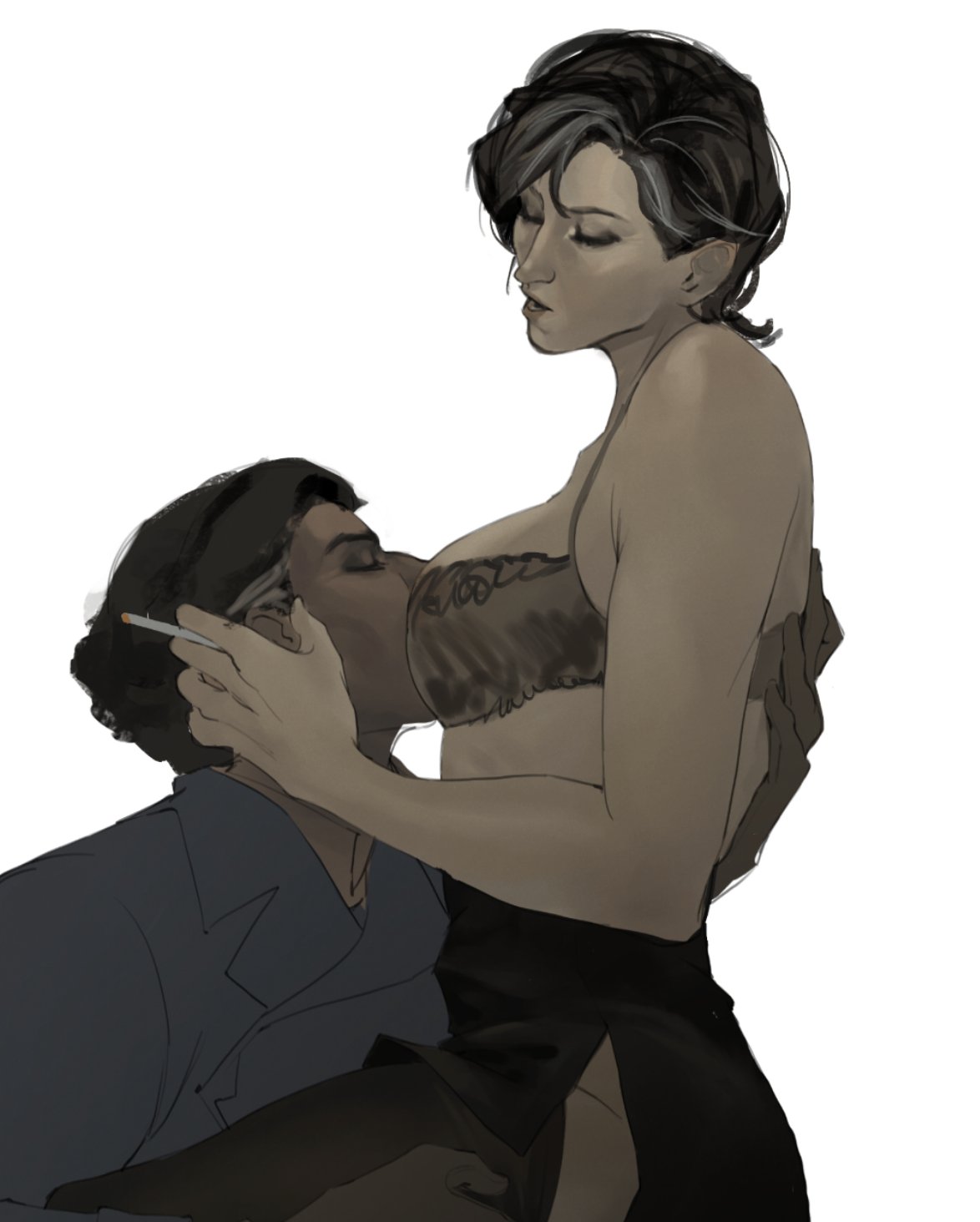 2girls, arcane, bra, cassandra kiramann, dark skin, dark-skinned female, dark-skinned sub, face between breasts, female, female only, female/female, fully clothed, graying hair, grayson (arcane), interracial, interracial yuri, kahelmoan, light-skinned female, mature female, mature woman, medium hair, milf, motorboating, old woman, older female, page 1, partially clothed, salt and pepper hair, skirt, smoking, smoking cigarette, stockings, topless, white background, wip, work in progress, yuri
