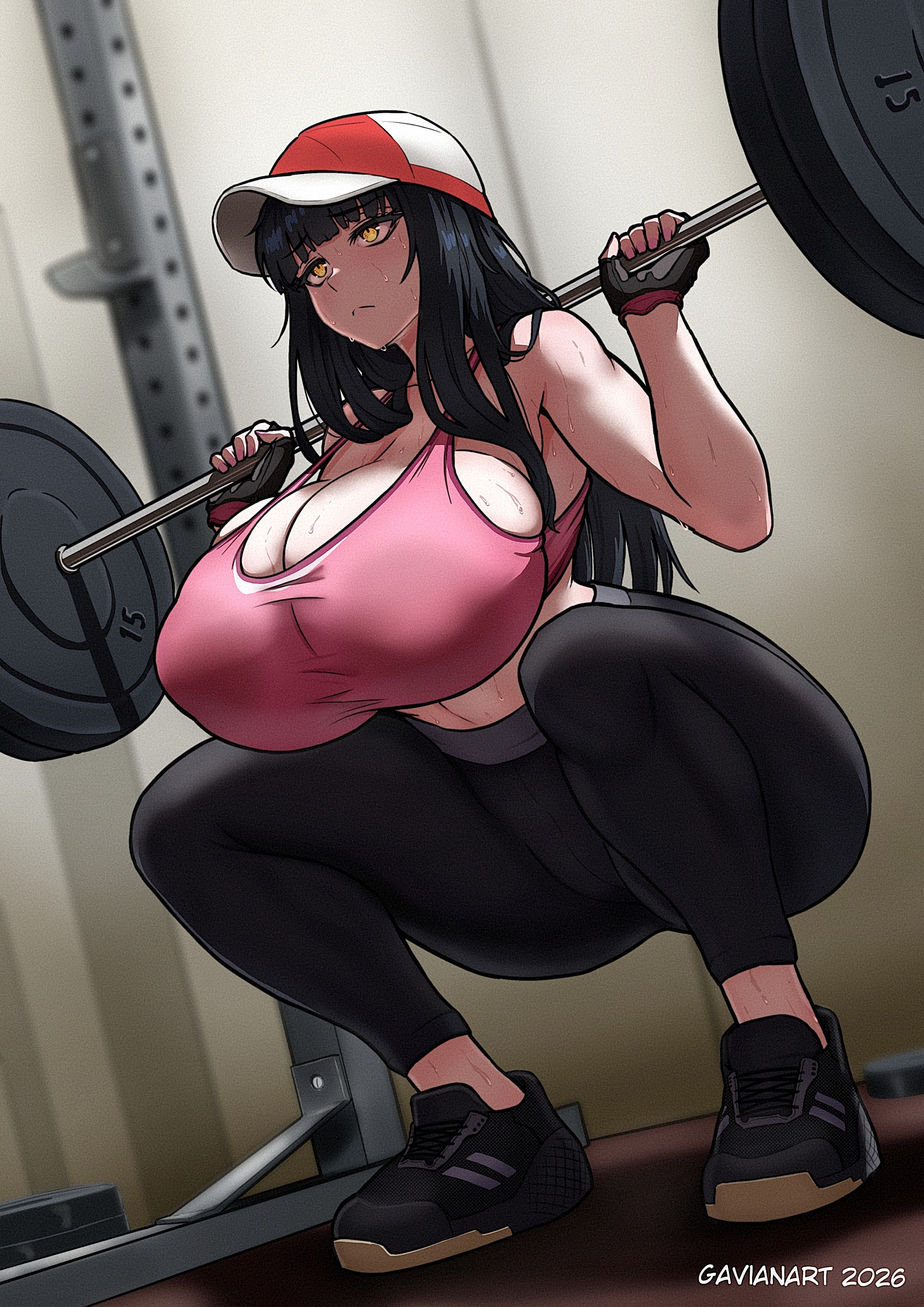 barbell, barbell squats, black hair, breasts, breasts bigger than head, cleavage, exercise clothing, gavianart, gym, gym clothes, huge breasts, lifting, lifting weights, nipple bulge, original character, sideboob, sports bra, squatting, sweat, sweaty, sweaty body, thick ass, thick thighs, tight clothes, tight clothing, voluptuous, voluptuous female, yellow eyes, yoga pants