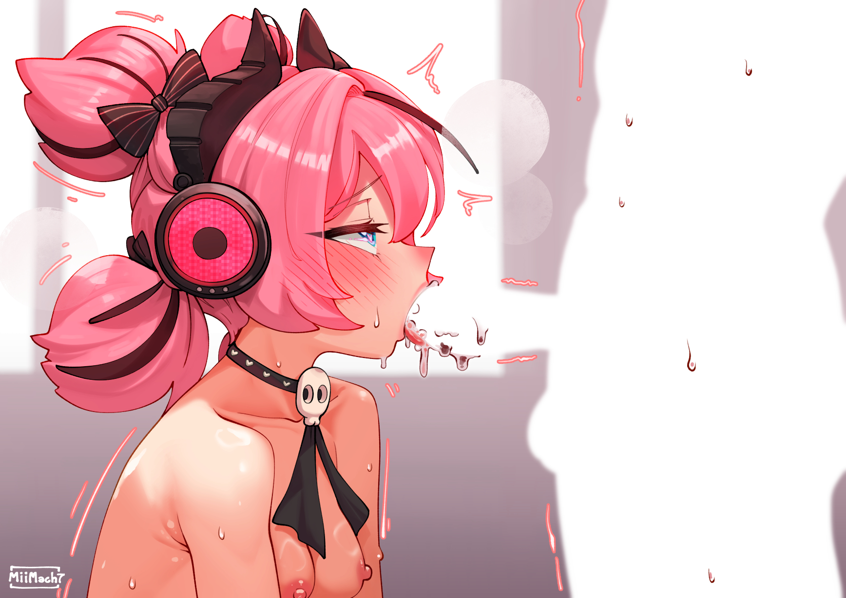 1boy, 1girls, angels of delusion, aria (discordant note) (zenless zone zero), aria (zenless zone zero), aria (zenless zone zero) (human form), blowjob, blue eyes, blush, censored, choker, collar, collarbone, fellatio, female focus, half-closed eyes, heart-shaped pupils, highres, miimach7, nude, nude female, pink hair, saliva, saliva on penis, silhouette, sloppy, sloppy blowjob, small breasts, twintails, zenless zone zero