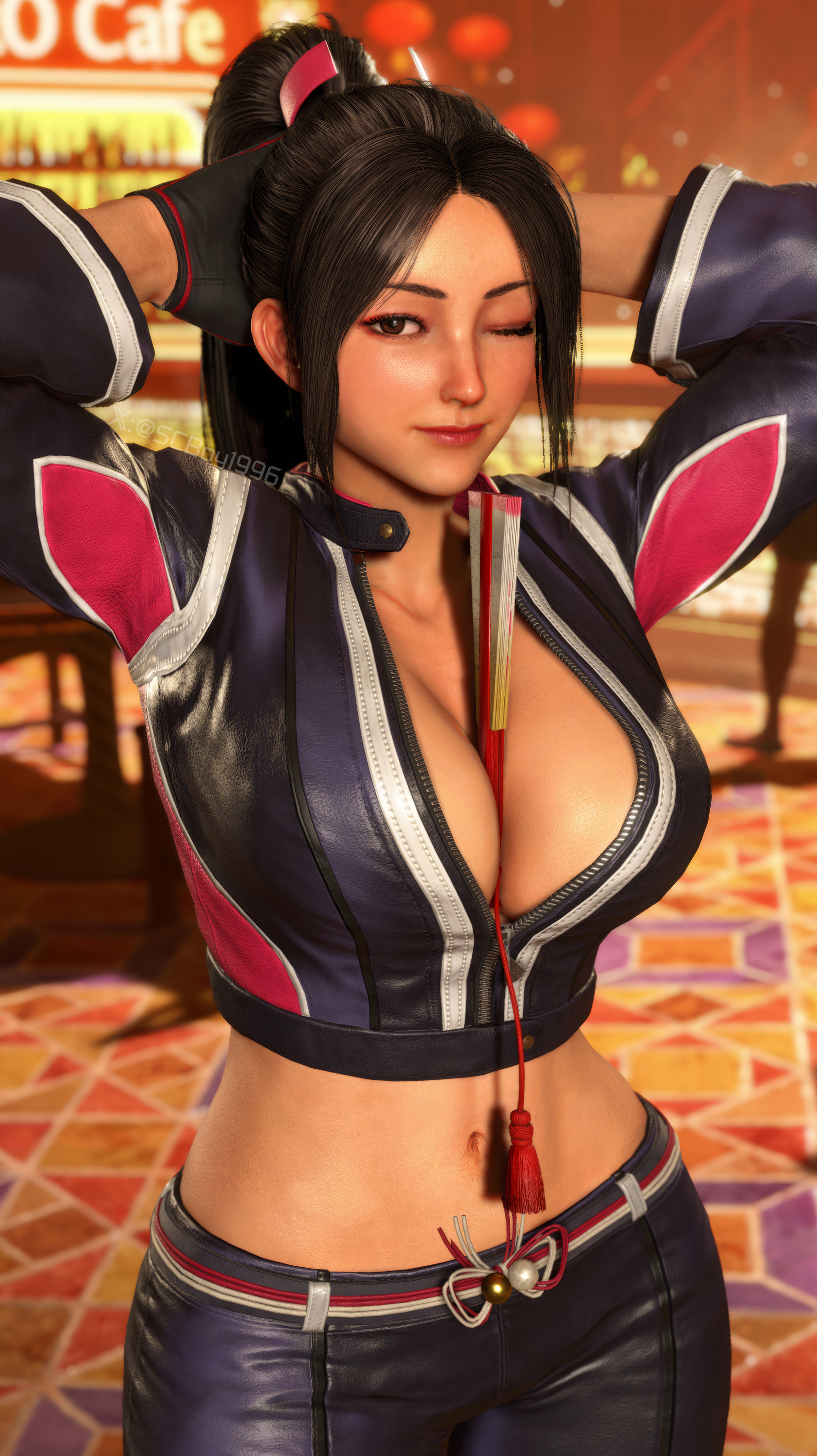 1girls, black jacket, brown eyes, brown hair, fan, fatal fury, fatal fury: city of the wolves, female, female only, game screenshot, large breasts, looking at viewer, mai shiranui, mai shiranui (city of the wolves), mai shiranui (street fighter 6), object between breasts, ponytail, screenshotboy96, solo, street fighter, street fighter 6, tagme, watermark