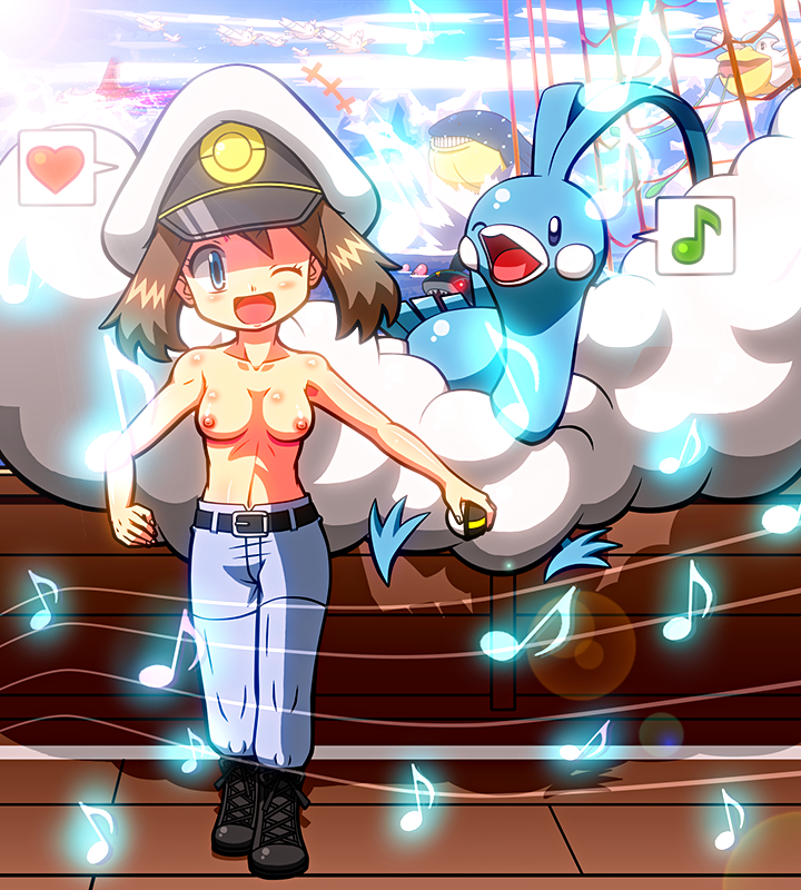 altaria ambiguous_gender beak beige_skin belt blue_eyes blue_skin boots breasts brown_hair clothes cosplay day drake_(pokemon)_(cosplay) duo_focus elite_four_(cosplay) female flying footwear front_view glowing_eyes hair hat heart holding holding_poke_ball human human_only looking_at_viewer may_(pokemon) medium_breasts musical_note nintendo nipples nude open_mouth outdoors pants poke_ball pokemon pokemon_rse red_eyes rorretsim round_ears sharp_teeth ship short_hair sky smile snow speech_bubble splash standing swimming topless ultra_ball wings wink