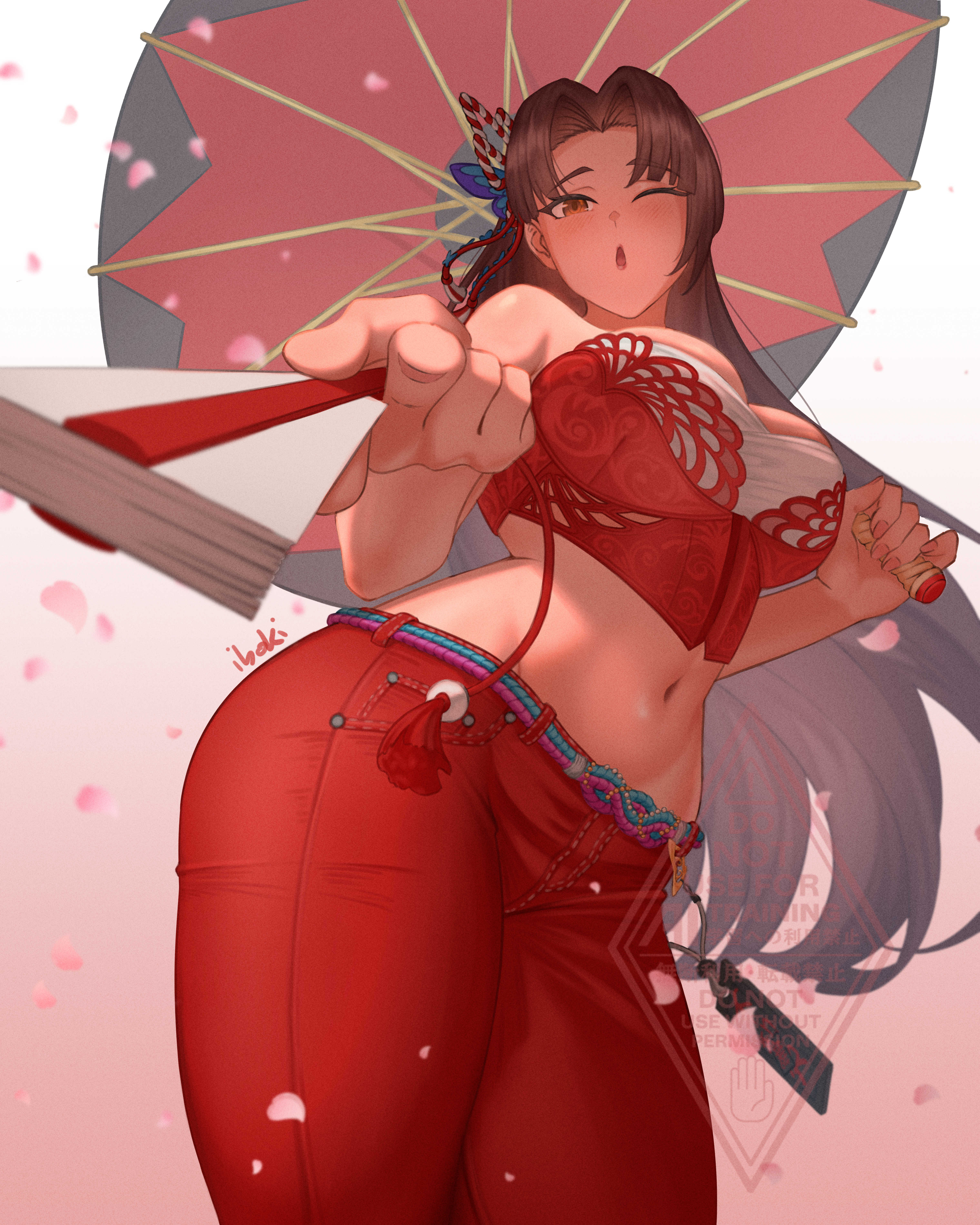 1girl, absurdres, alternate costume, artist name, big breasts, blush, blush lines, blushing, brown hair, bustier, butterfly hair ornament, capcom, cleavage, commentary, fan, fatal fury, female, female only, folded fan, folding fan, hair down, hair ornament, hand fan, highres, ibouki, large breasts, long hair, looking at viewer, low-angle view, mai shiranui, mai shiranui (street fighter 6), midriff, navel, official alternate costume, official alternate hairstyle, oil-paper umbrella, one eye closed, pants, red bustier, red pants, sfw, snk, solo, solo female, street fighter, street fighter 6, thick thighs, thighs, thin waist, umbrella, wide hips, wink, winking, winking at viewer