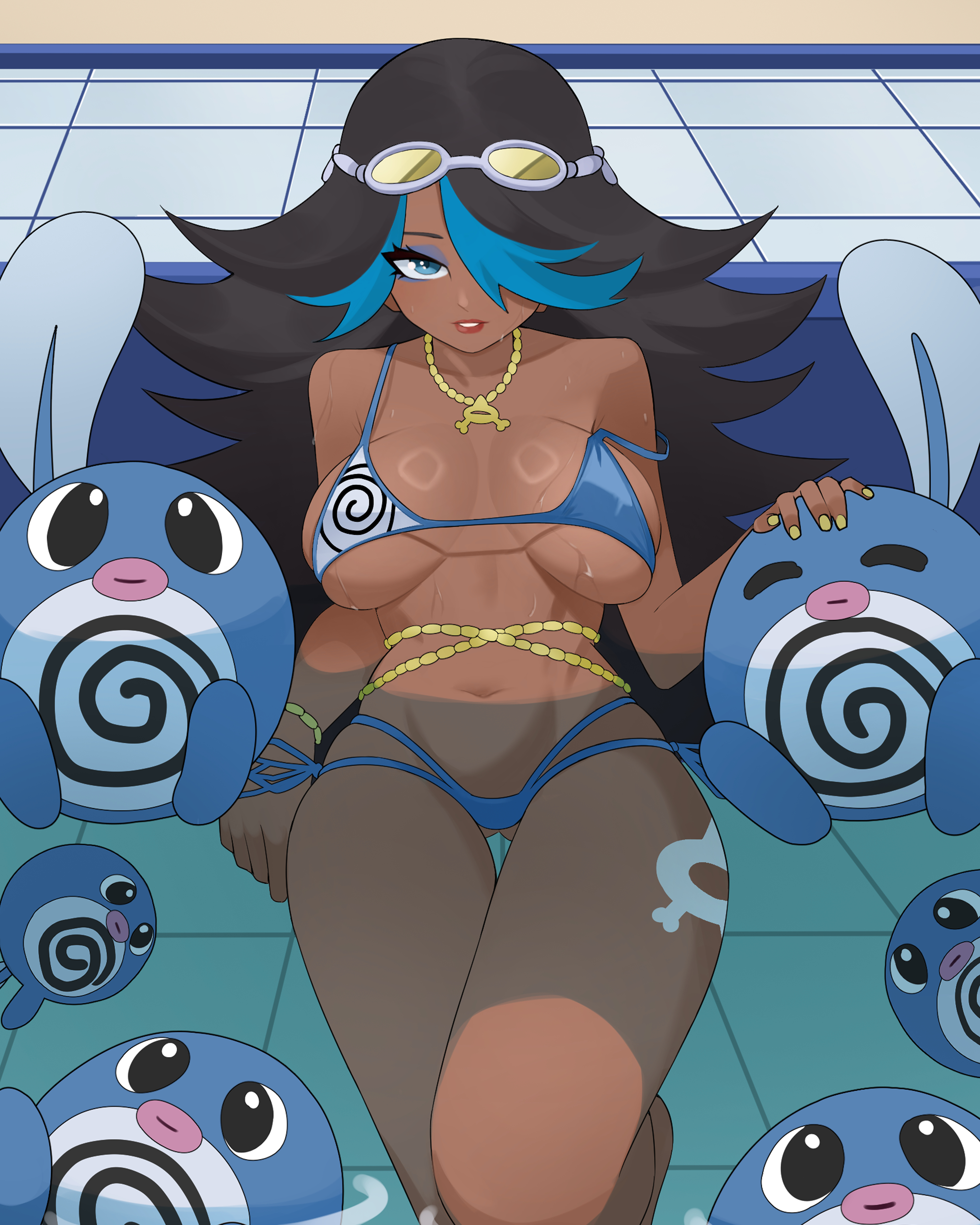 1girls, big breasts, bikini, blue bikini, blue eyeshadow, blue swimsuit, breasts, dark skin, dark-skinned female, eyeshadow, female, female focus, female only, izumi (pokemon oras), izumi (pokemon), kaerujj, nail polish, nyoromo, pokemon, pokemon oras, poliwag, pool, shelly (pokemon oras), shelly (pokemon), swimsuit, team aqua, water, yellow nails