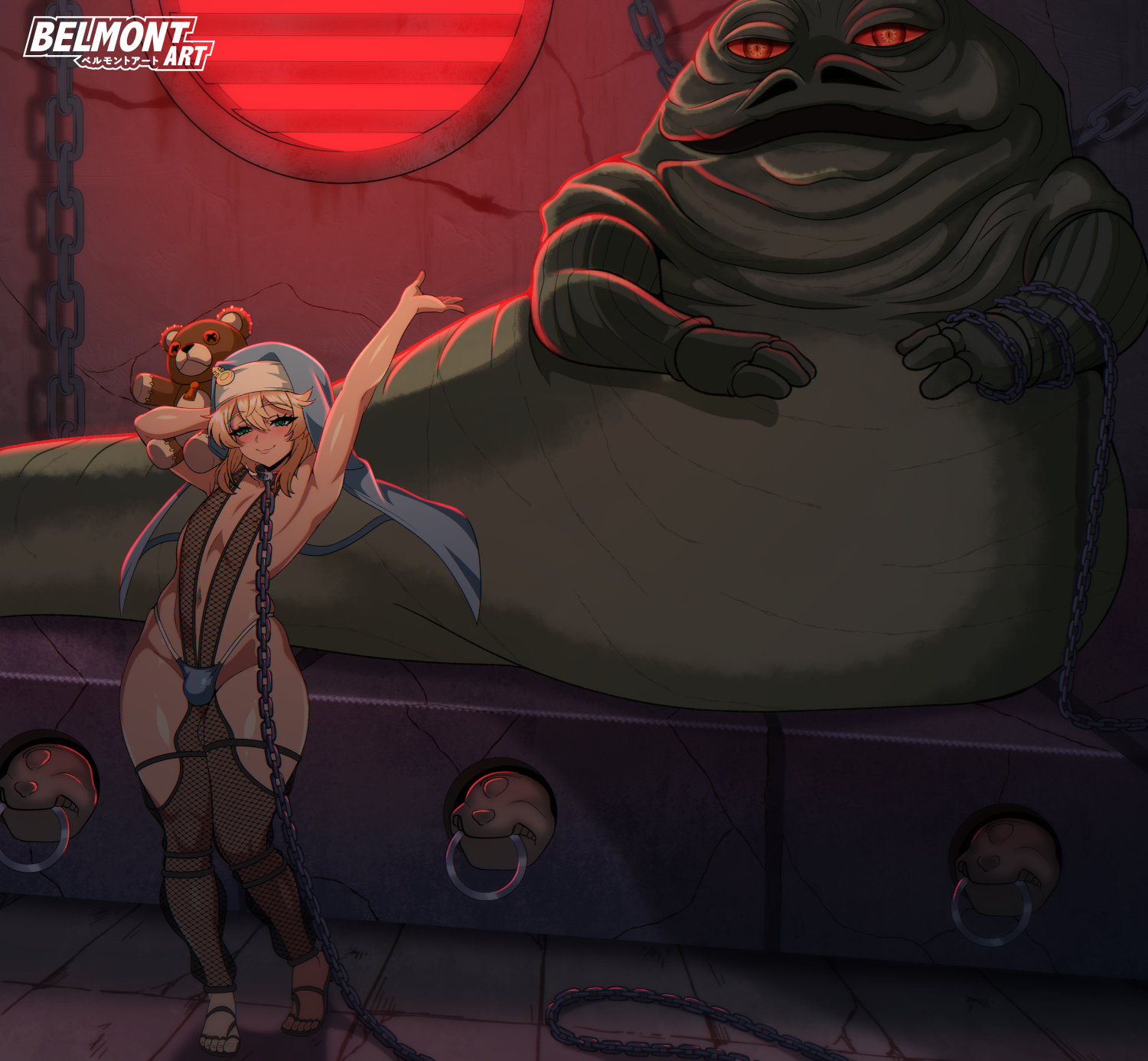 bare arms, belmont, bridget, bridget (guilty gear), chained, chained up, collar and leash, crossover, dancing, eastern and western character, fishnet clothing, fishnet legwear, fishnets, guilty gear, hutt, jabba the hutt, jabba's palace, leash and collar, male only, nun hat, oola (cosplay), raising arm, sex slave, slave boy, slave collar, slave outfit, smiling at viewer, star wars, stuffed animal, stuffed toy, teddy bear, trans woman
