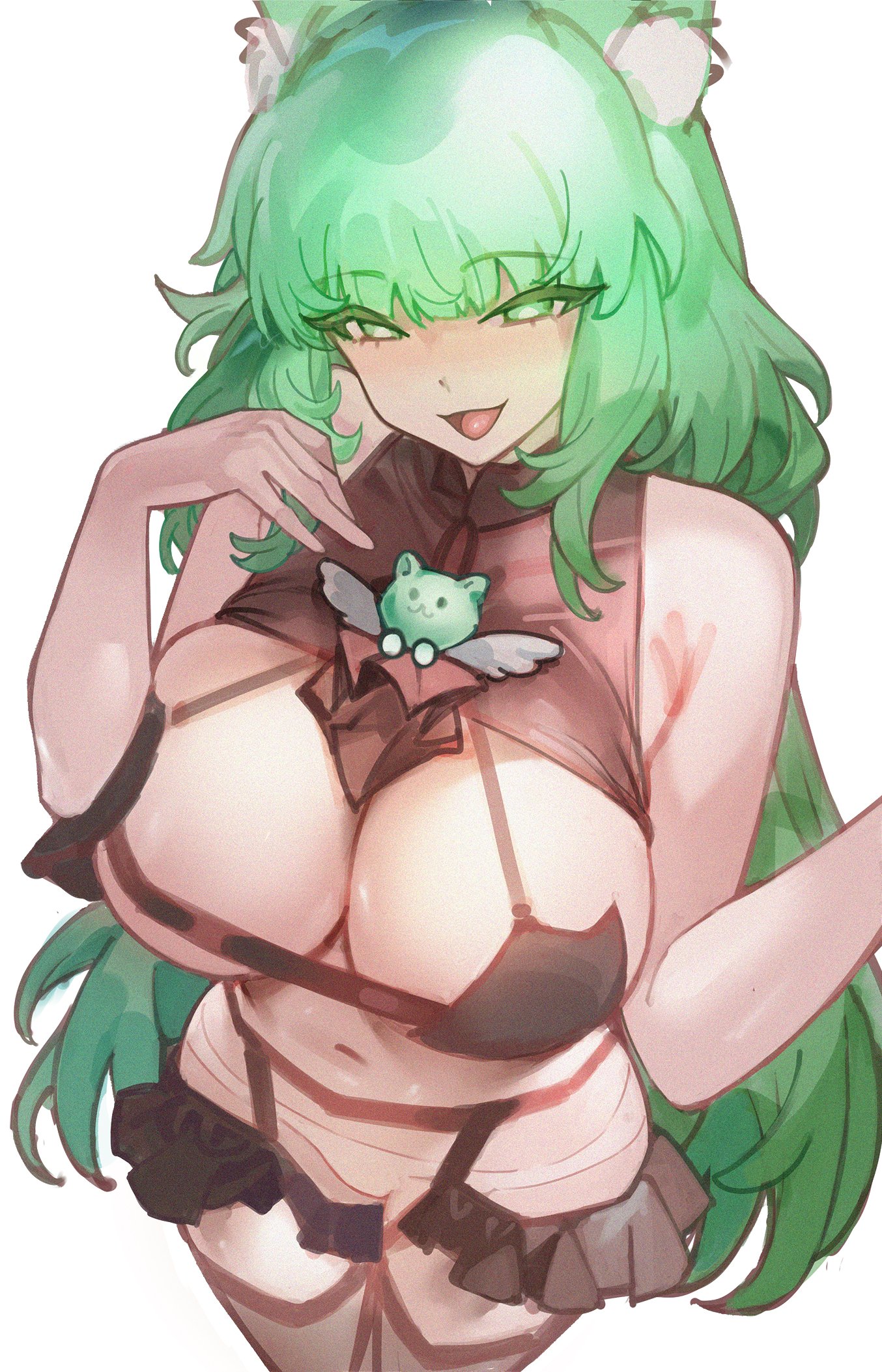 1girl, animal ear fluff, animal ears, arknights, black bra, black thighhighs, blush, bra, breasts, cat ears, cat girl, cleavage, commentary request, cowboy shot, female, female only, garter straps, green eyes, green hair, hand up, harmonie (arknights), henz, highres, large breasts, long hair, navel, open mouth, panties, simple background, smile, solo, thighhighs, underwear, very long hair, white background, white panties