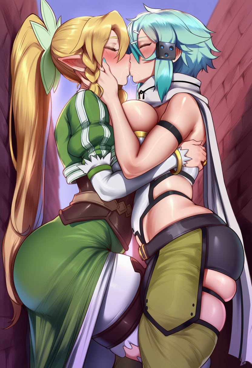 2girls, ai generated, alley, asada shino, ass, blonde eyebrows, blonde hair, blue eyebrows, blue hair, blush, blushing, blushing ears, breasts pressed against another, breasts pressed against partner, breasts pressed together, cupping cheek, elf ears, eyes closed, female, female focus, female on female, female only, flat chest, fully clothed, hairclip, hairclips, headwear, hugging, kirigaya suguha, kiss, kissing, large ass, large breasts, leafa, leafa (terraria) (sao), leafyviolet, leg between thighs, lesbian, lesbian kiss, light blue hair, long ears, long hair, night, ponytail, saliva, saliva drip, saliva string, saliva trail, scarf, short hair, sinon, sword art online, sword art online alternative: gun gale online, sword art online: alicization, thick thighs, tight clothing, white skin, yuri