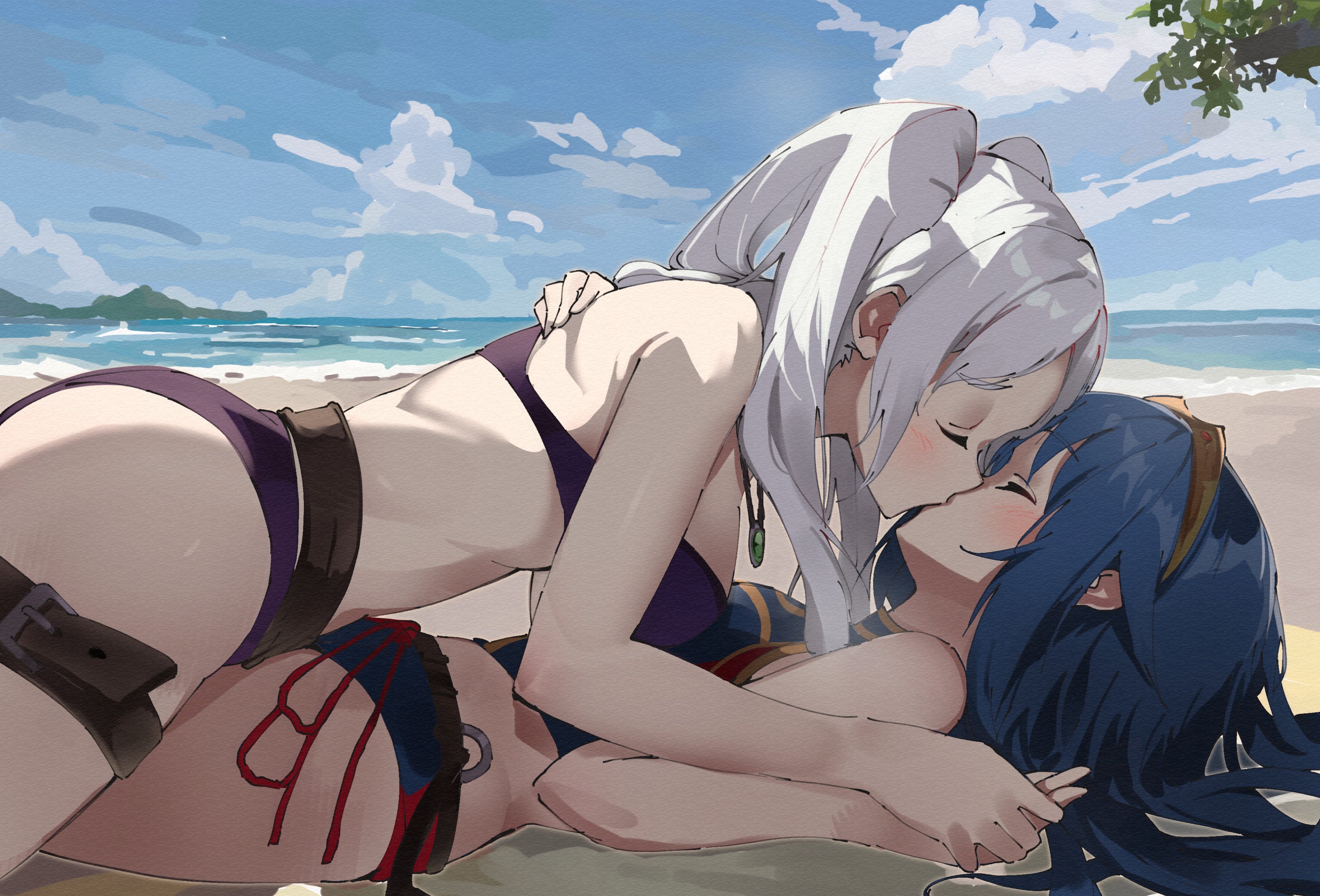 2girls, absurd res, alluring, ass, asymmetrical docking, beach, belt, big breasts, bikini, blue bikini, blue hair, blue sky, blush, breast press, brown belt, closed eyes, cloud, commentary, commission, couple, day, english commentary, fire emblem, fire emblem awakening, fire emblem cipher, fire emblem heroes, fire emblem warriors, from side, girls kissing, gloves, high res, holding hands, intelligent systems, kissing, lamb (hitsujiniku), long hair, lucina, lucina (cipher swimsuit) (fire emblem), lucina (fire emblem), lying, multiple girls, nintendo, ocean, official alternate costume, on back, on ground, outside, purple bikini, robin (fire emblem), robin (fire emblem) (female), robin (summer) (fire emblem) (female), sand, second-party source, skeb commission, sky, small breasts, swimsuit, thigh belt, thigh strap, thighs, tiara, twin tails, white hair, yuri