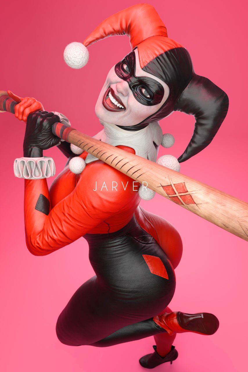 1girls, baseball bat, batman (series), dc, dc comics, female, harley quinn, harley quinn (classic), harley quinn (injustice), injustice 2, jarver, makeup, pink background, simple background, solo, solo female, tagme