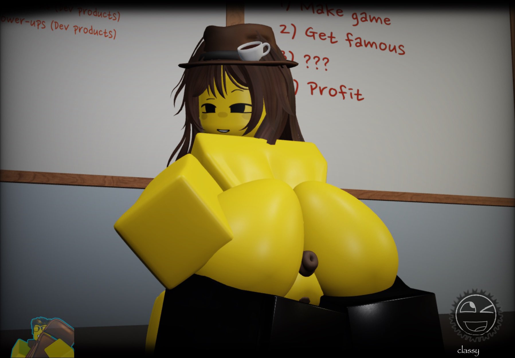 1girls, 3d, anus, ass, chairman (the battle bricks), female, female only, looking at viewer, nude, reference image, roblox, roblox game, robloxian, rule 63, tagme, tbbfanatic, the battle bricks, tumore, yellow body