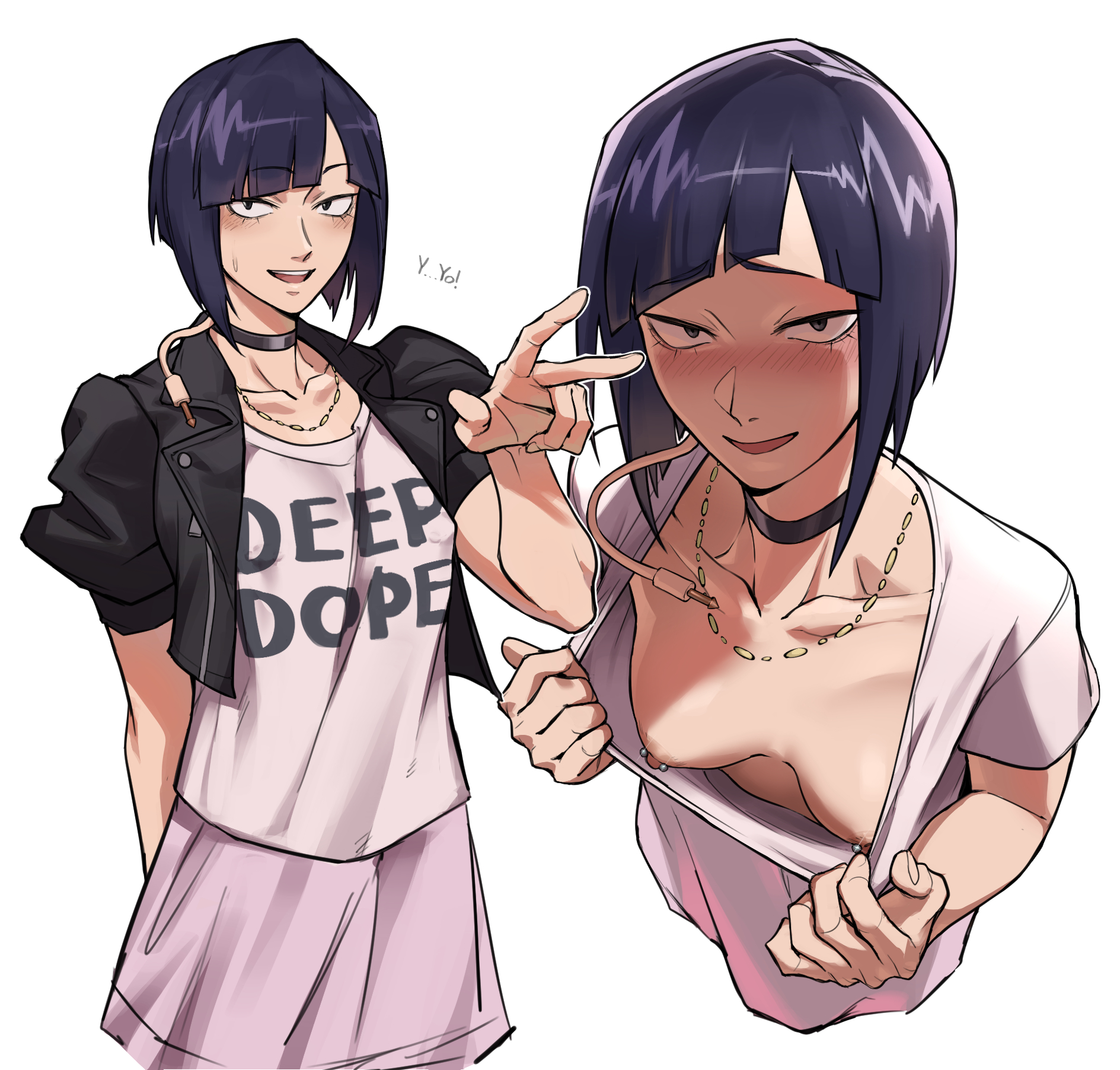 1girls, 2026, blush, boku no hero academia, breasts, choker, downblouse, female, female only, flashing, flashing breasts, highres, jacket, jiro kyoka, kyoka jiro, lcohal, light skin, light-skinned female, looking at viewer, my hero academia, necklace, nipple piercing, nipples, purple hair, short hair, showing breasts, small breasts, solo