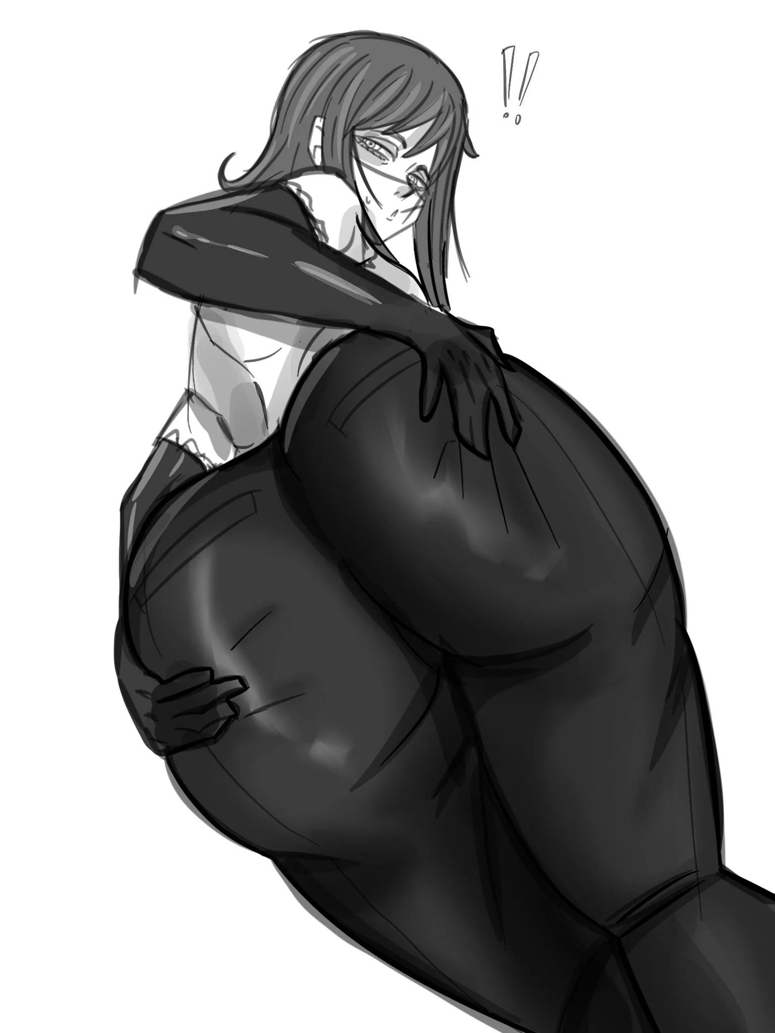 ajiasai, ass, ass focus, ass grab, black legwear, butt, butt focus, chainsaw man, clothed, clothed female, female focus, female only, fully clothed, grabbing, grabbing ass, grabbing own ass, huge ass, huge butt, imminent sex, looking at viewer, looking back, mitaka asa, simple background, sitting, yoru (chainsaw man)