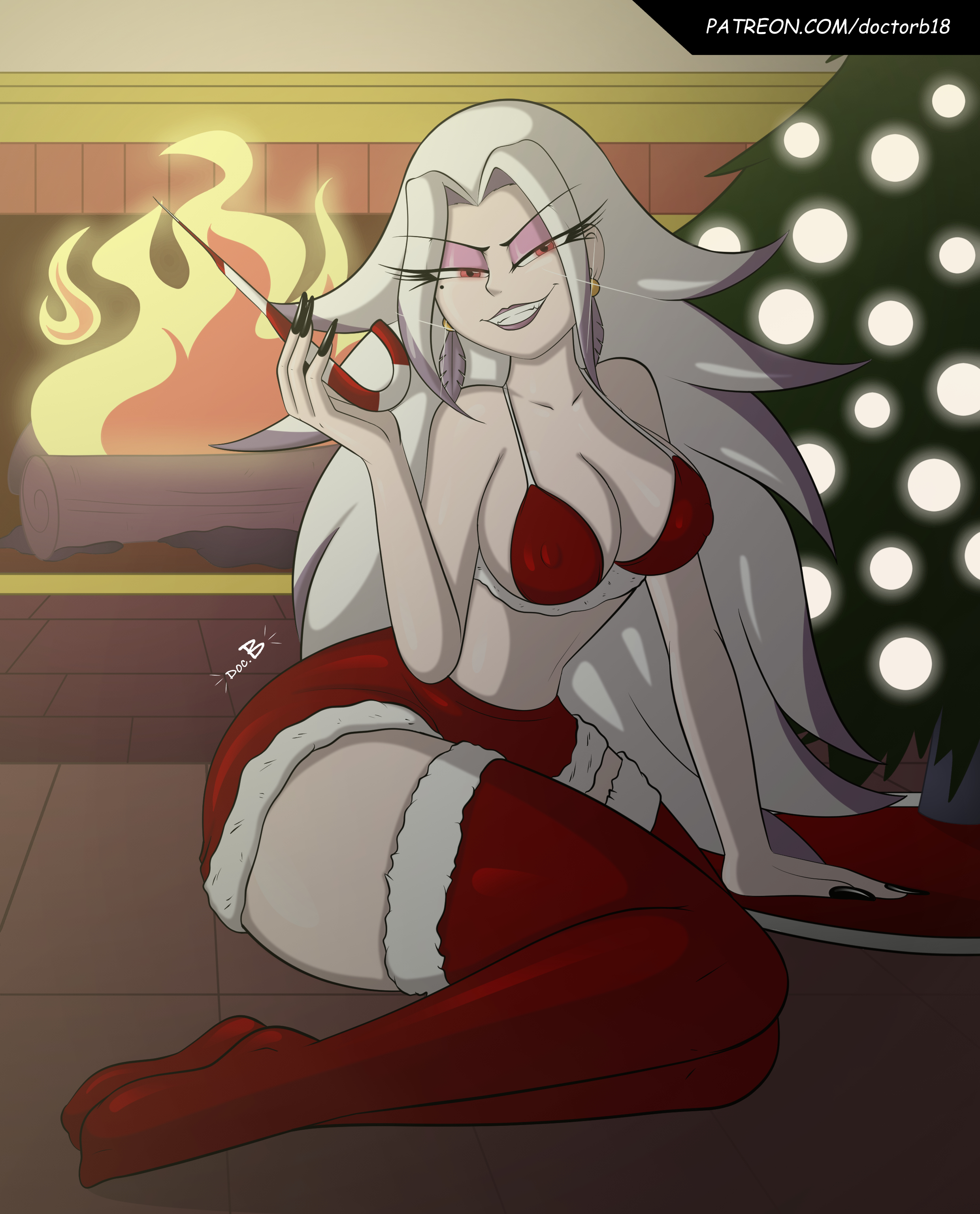 1girls, big breasts, black nail polish, black nails, breasts, christmas, christmas clothing, christmas outfit, christmas tree, cleavage, doc.b, ear piercing, earrings, eyelashes, eyeshadow, female, female only, fireplace, hair, half-closed eyes, helluva boss, holding object, human, human stella, humanized, humanoid, legwear, lips, lipstick, long hair, long nails, mature, mature female, mature woman, milf, mole, mole under eye, mother, nail polish, nails, purple eyeshadow, purple lips, purple lipstick, red eyes, red skirt, red thighhighs, skirt, solo, solo female, stella (helluva boss), thighhighs, white hair