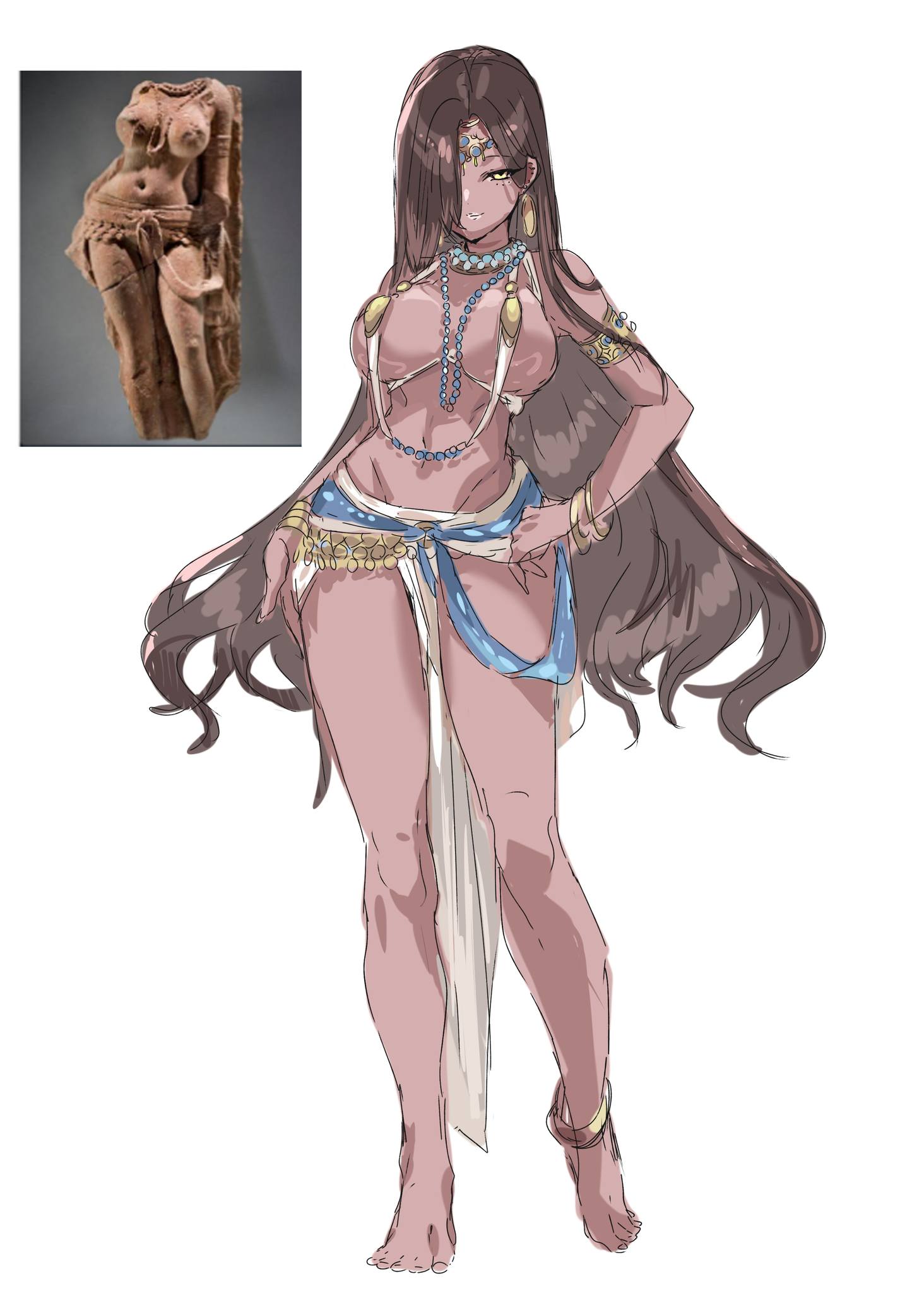 big breasts, brown skinned female, convenient censoring, curvaceous, exotic, fine art parody, hair over one eye, harem outfit, history, hourglass figure, indian, indian female, jewelry, mythology, nature spirit, reference inset, tagme, topless, yakshi figure sculpture