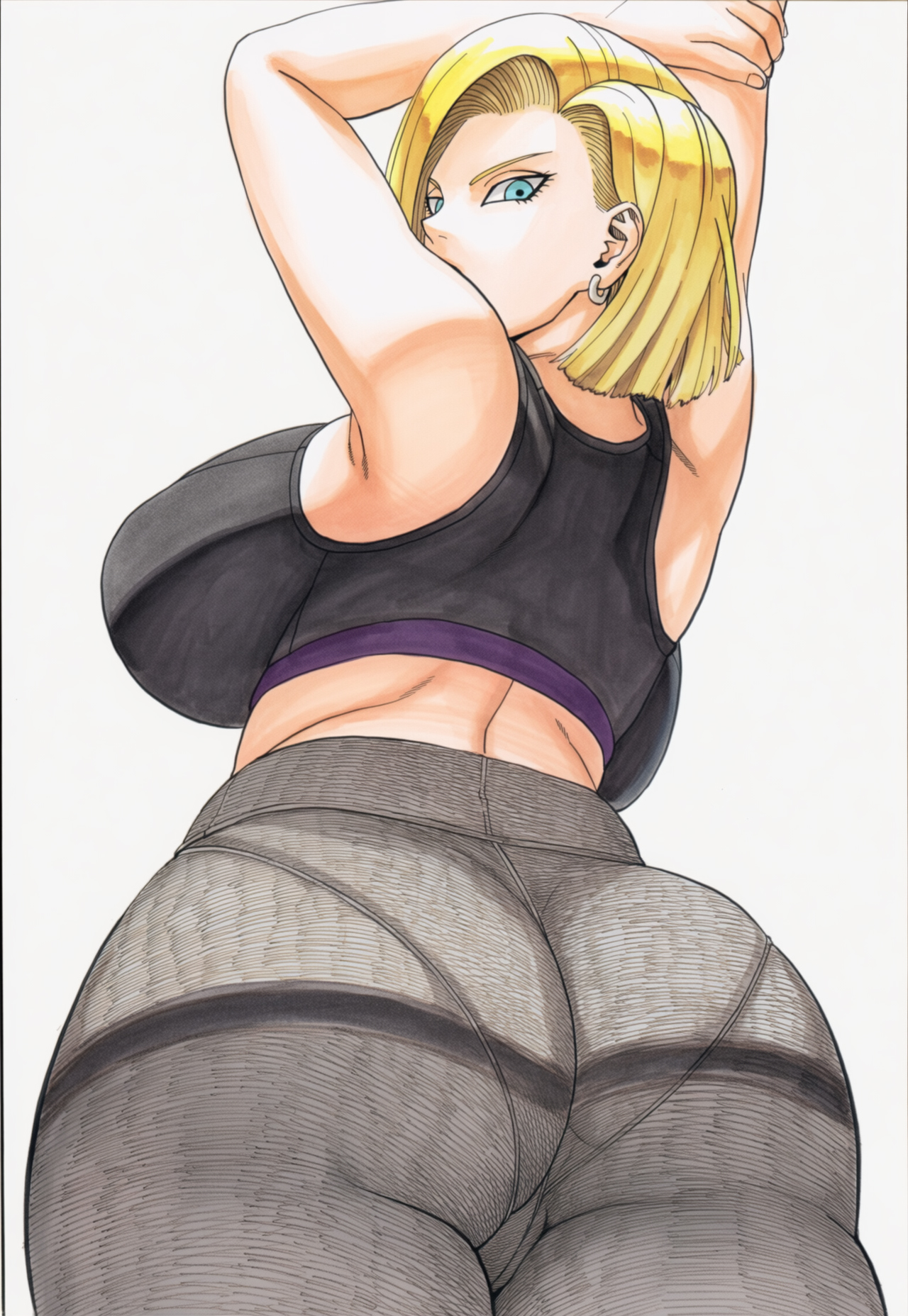 1girls, 2d, accurate art style, accurate body type, ai generated, android 18, blonde hair, cel shading, cleavage, clothing, collarbone, curvaceous, dragon ball, dragon ball z, duo, duo focus, exposed breasts, eyelashes, female, female focus, female only, from below, full color, high resolution, highres, light skin, light-skinned female, lineart, lipstick, looking at viewer, looking down, looking down at viewer, low-angle view, mature female, mikayori, official style, shiny, shiny hair, shiny skin, short eyebrows, short hair, simple background, smooth skin, soft shading, sport bra, upper body, viewed from behind, white background, workout clothes, yoga pants