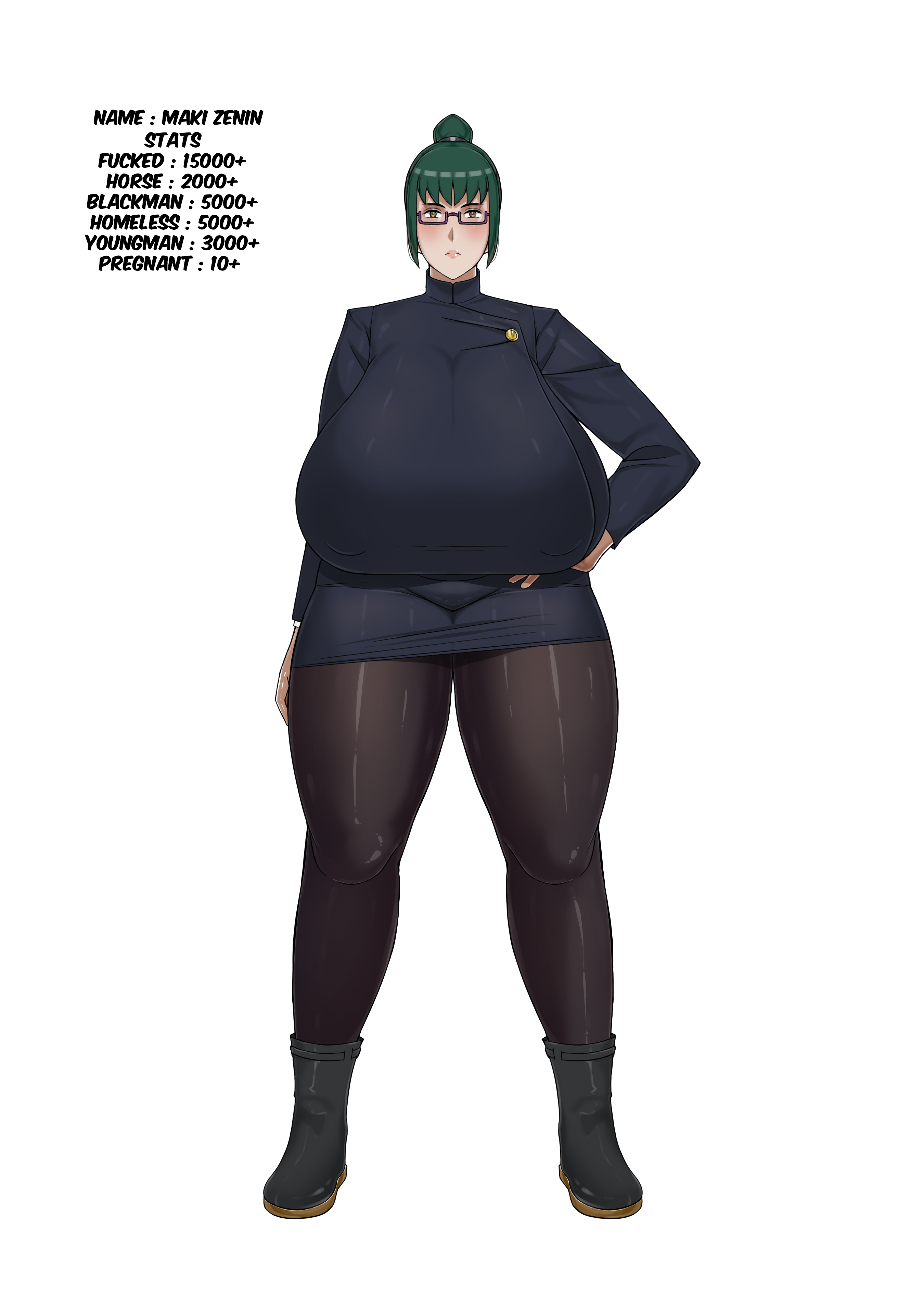 anime, big ass, big breasts, big tits, boots, female, female only, glass, glasses, green hair, jujutsu kaisen, large breasts, pantyhose, short skirt, standing, text, thick, thick ass, thick thighs, thigh highs, tight clothes, tight clothing, tight fit, uniform, woosarts, zenin maki