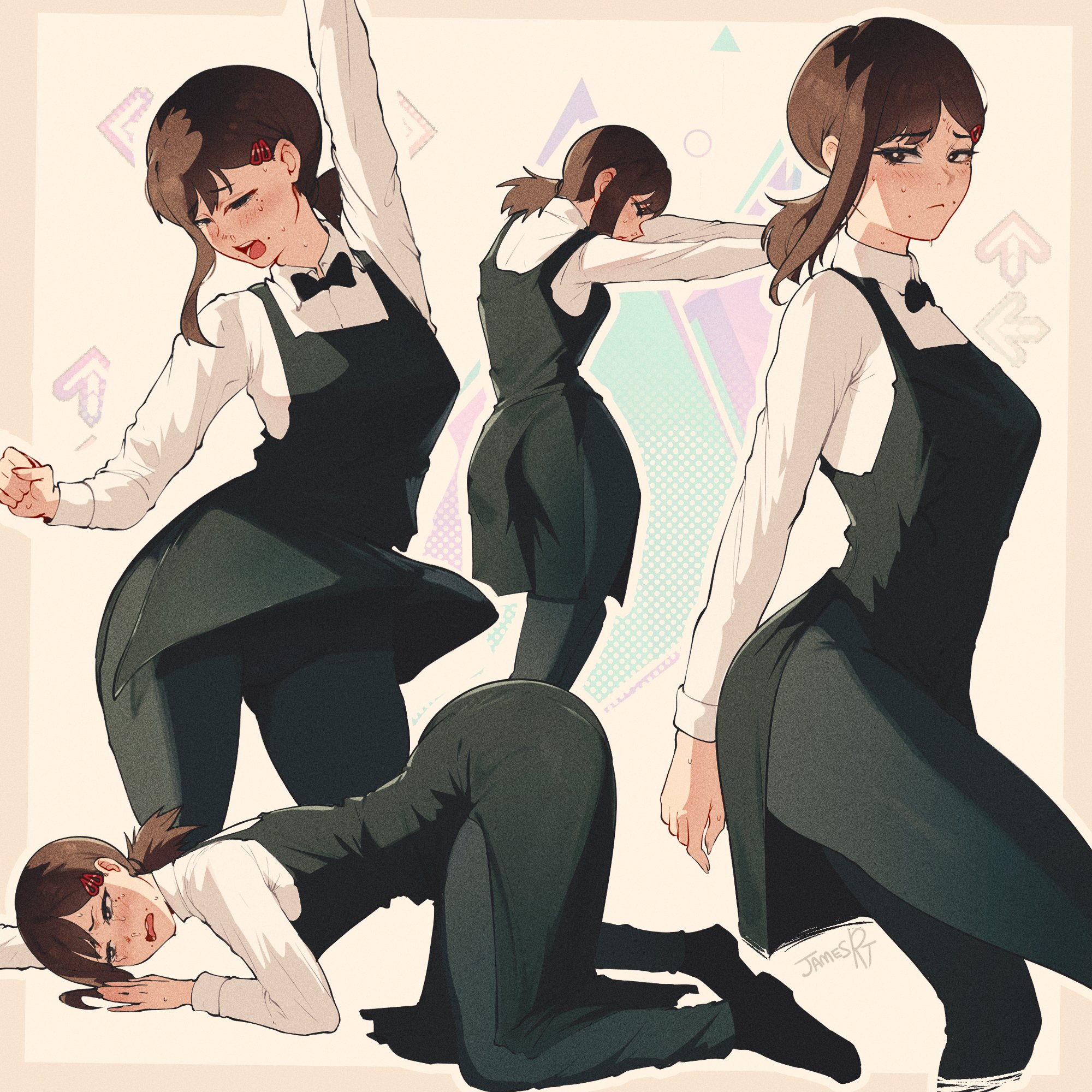1girls, ass, ass up, bowtie, brown hair, chainsaw man, dancing, fat ass, female, female focus, female only, higashiyama kobeni, jamesloves art, laying down, looking at viewer, shounen jump, sweat, sweatdrop, sweating, tagme