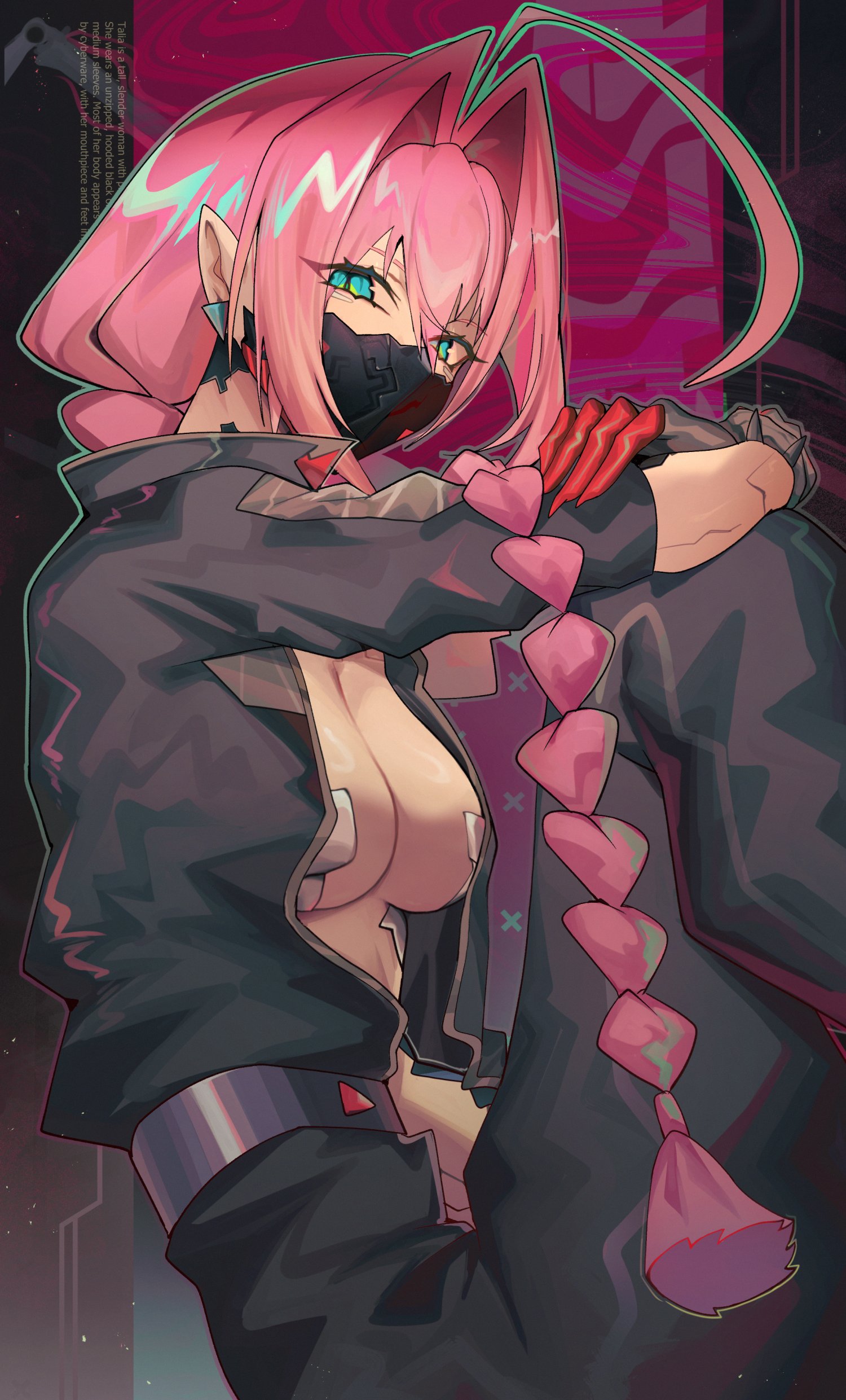 1girls, blue eyes, color, cyberpunk 2077, cyberpunk girl, cyberpunk: edgerunners, cyborg, cyborg girl, female, female focus, female only, hi res, long hair, looking at viewer, pink hair, slim waist, solo, solo female, talia yang, tan body, tan skin, thick thighs