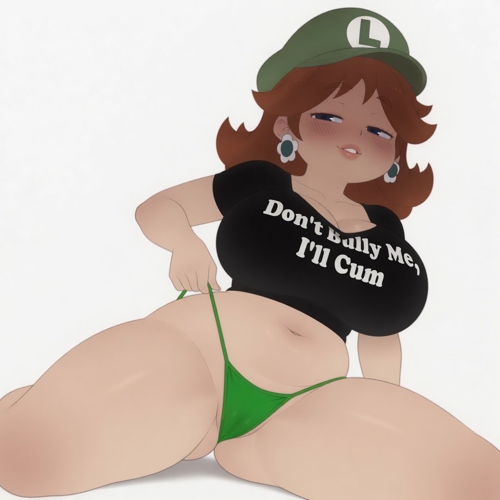 1girls, alternate breast size, ass visible through thighs, big breasts, biting lip, blue eyes, blush, blushing, brown hair, cap, crop top, don't bully me i'll cum, ear piercing, earrings, female, female only, flower earrings, godilovebutts, green cap, green thong, hat, huge breasts, impossible clothes, light-skinned female, looking at viewer, luigi hat, mario (series), meme attire, midriff, navel, nintendo, princess daisy, shirt, short hair, simple background, solo, super mario bros., thick thighs, thong, thong pull, tight shirt, tomboy, white background